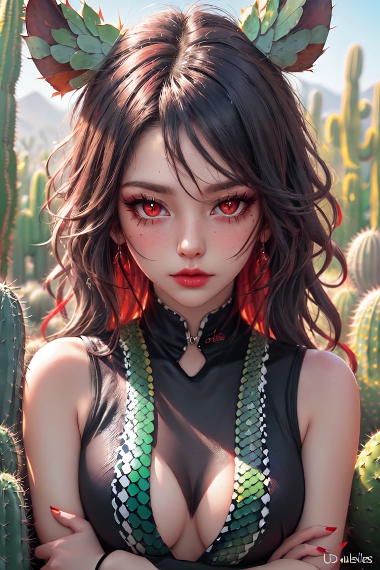 master piece, HD, ultra detailled, high definition, high_res, high_resolution, face_focus, snake_girl, messy_hair, multicolor_hair, (slit_pupils:1.1), red_eyes, red_scales, looking_at_viewer, desert, cactus, comlex_background,slit pupils,fantasy00d