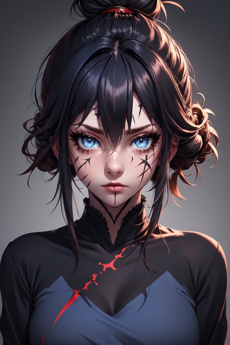 master piece, HD, ultra detailled, high definition, high_res, high_resolution, face_focus, 1girl, messy_bun_hair, long_sleeve_shirt, (slit_pupils:1.1), blue_eyes, scars, looking_at_viewer,slit pupils,fantasy00d