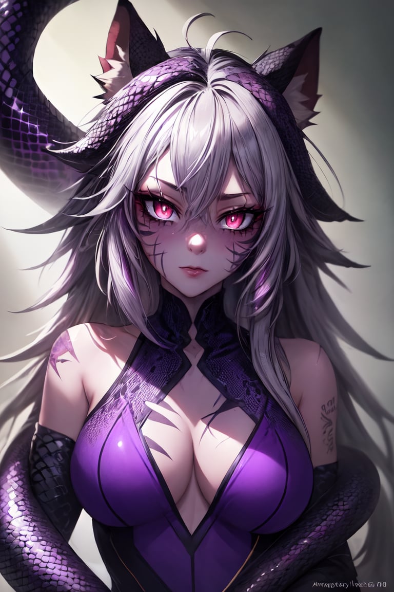 master piece, HD, ultra detailled, high definition, high_res, high_resolution, face_focus, snake_girl, messy_hair, multicolor_hair, (slit_pupils:1.1), purple_eyes, scales, anthro_scalie, scars, looking_at_viewer,slit pupils,fantasy00d