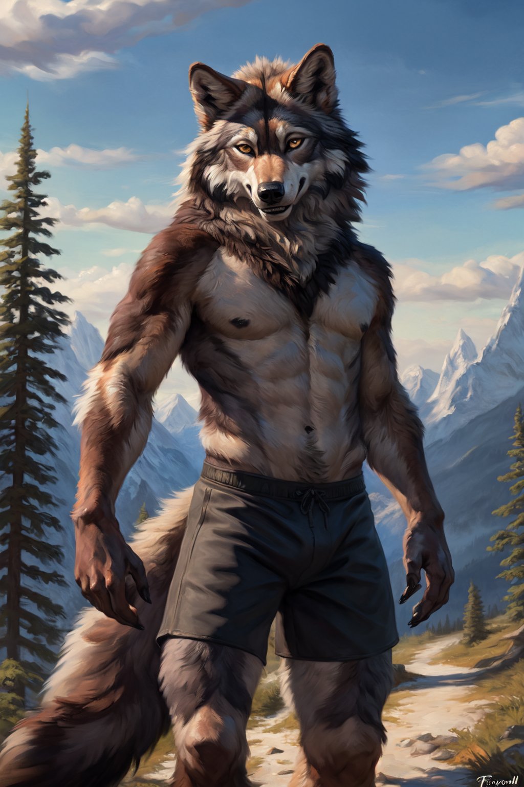 a detailed portrait of a majestic fluffy male ((timberwolf)),((fluffy detailed fur)) ,shorts, (path), mountains, trees, smile, clouds, foxovh honovy hioshiru personalami,  black shorts, brown hands, brown fur, grey body,solo, teeth,tail,looking at viewer, multicolored body, topless, vibrant colors, 