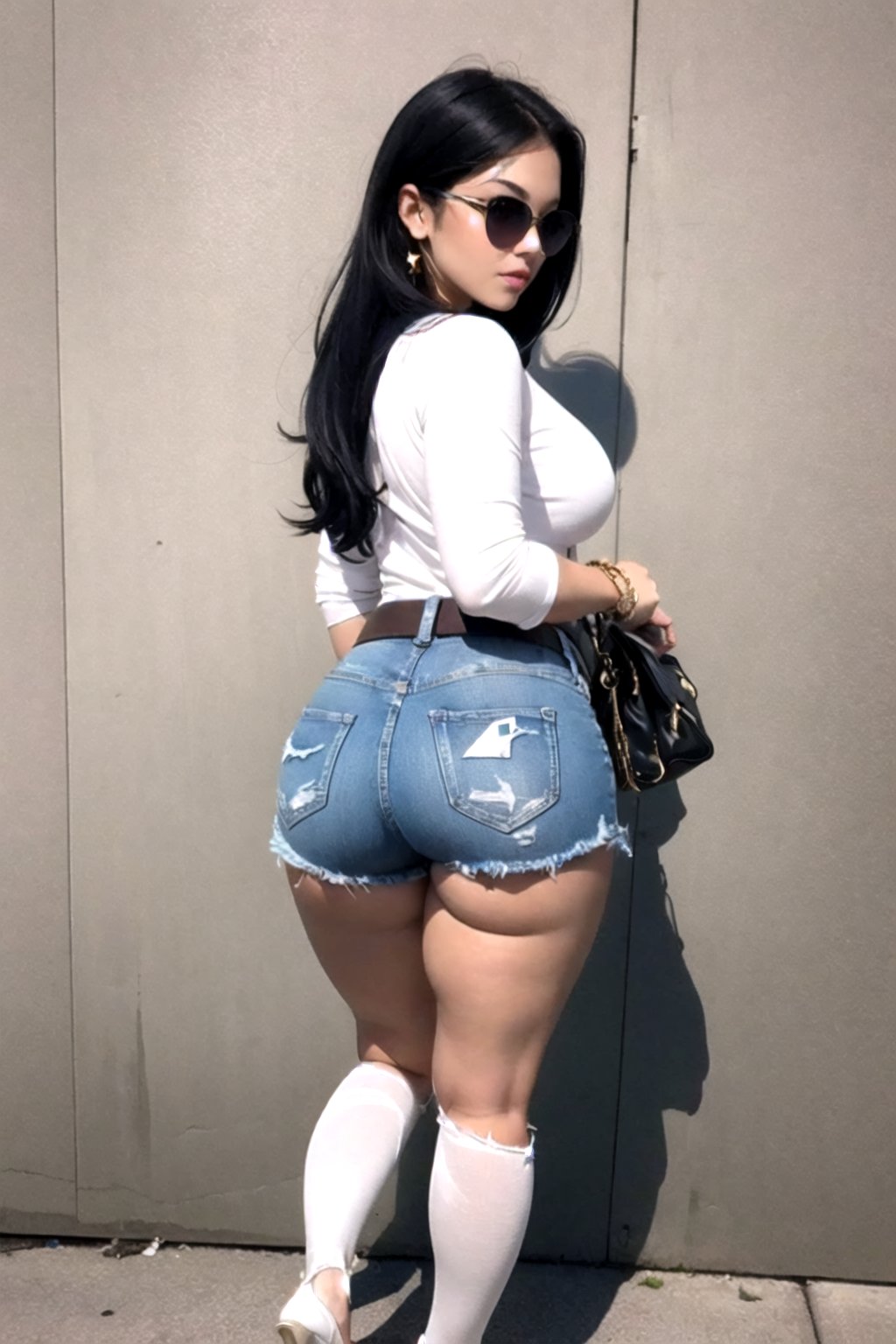 1girl, solo, long hair, breasts, looking at viewer, large breasts, shirt, black hair, jewelry, standing, full body, white shirt, ass, pantyhose, thighs, earrings, shorts, belt, looking back, dark skin, bag, from behind, high heels, bracelet, lips, short shorts, shadow, thick thighs, phone, denim, curvy, denim shorts, handbag,Masterpiece