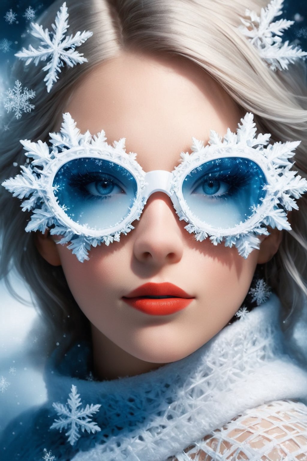 surrealism painting, 16k, extreme detail, fine textures, deep shadows, dark, sharp lines, lovely lady 30 years old,wearing snowflake glasses,sfglasses