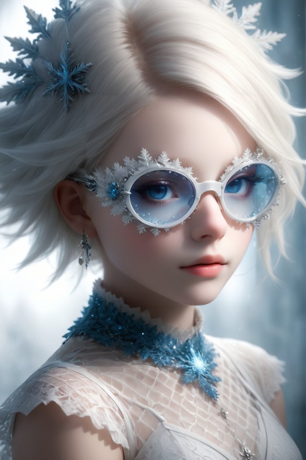 ((Bokeh:1.5)),((Soft focus:1.5)),(Fog),((blur)),,
The Childlike Empress,stunning beautiful young albino girl,14 yers old,alabaster skin,very short brown  hair,wearing sfglasses,((Slicked back hair)),(head chain with jewelry stone),((viewed from side:1.5)),
girl has Beautiful blue eyes, soft expression, Depth and Dimension in the Pupils, She wears white delicate fractal pattern lace dress, , creating a sense of movement and depth.
p3rfect boobs,3d toon style,sfglasses,