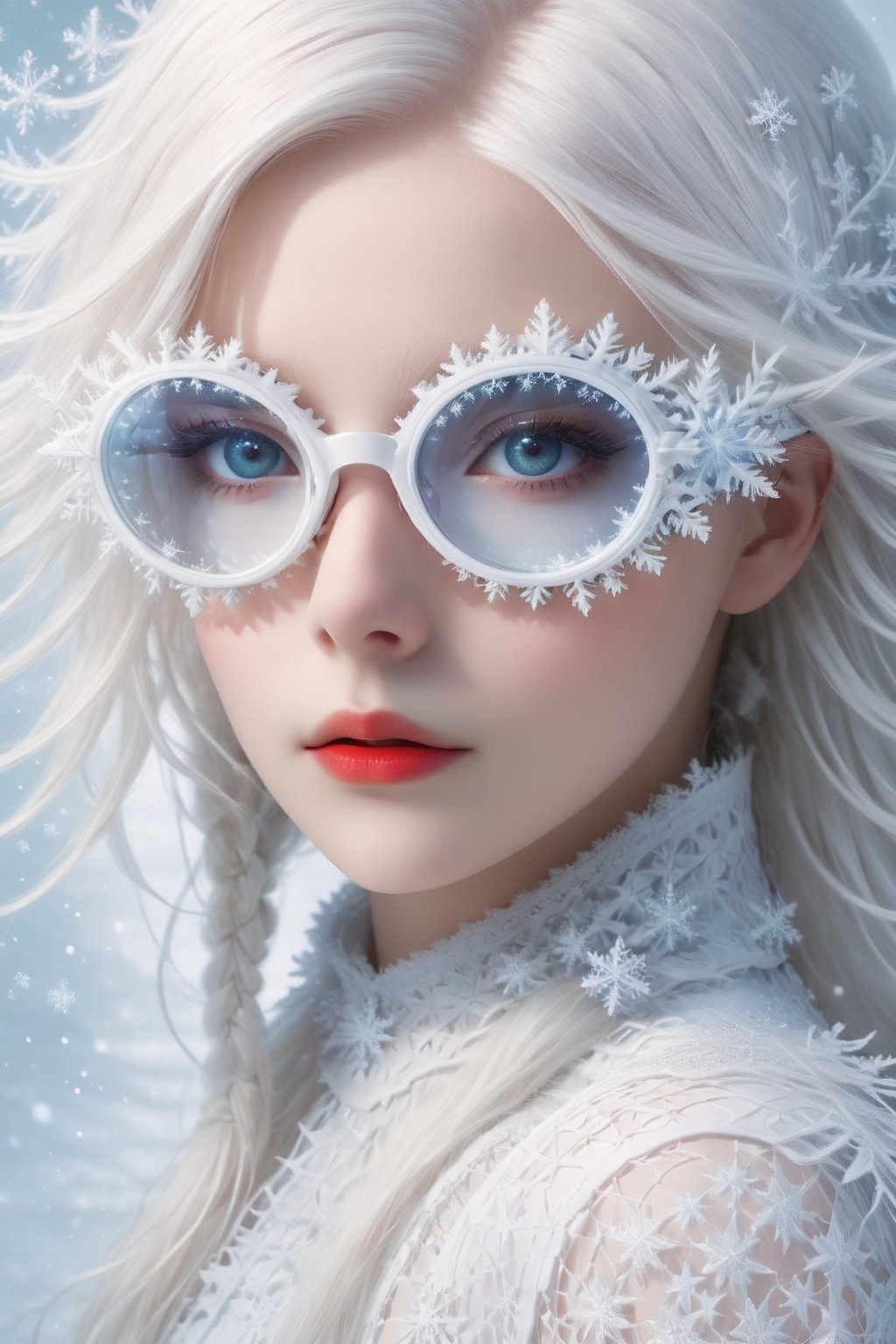 A girl with extremely fair complexion, almost appearing ghostly, possesses stunning flowing white hair that cascades down past her shoulders. Her eyes, an intense shade of red, glow eerily against her pale skin. wearing snowflake glasses,This mesmerizing image, (viewed from side:2.0),looking to the side,resembling a high-resolution photograph, captures every intricate detail of the girl's ethereal beauty. From the flawless complexion to the intricately styled white hair and mesmerizing grey eyes, the picture showcases the subject in astounding clarity. The exceptional quality of the image transports viewers into a world where they can effortlessly admire the girl's otherworldly features,sfglasees,