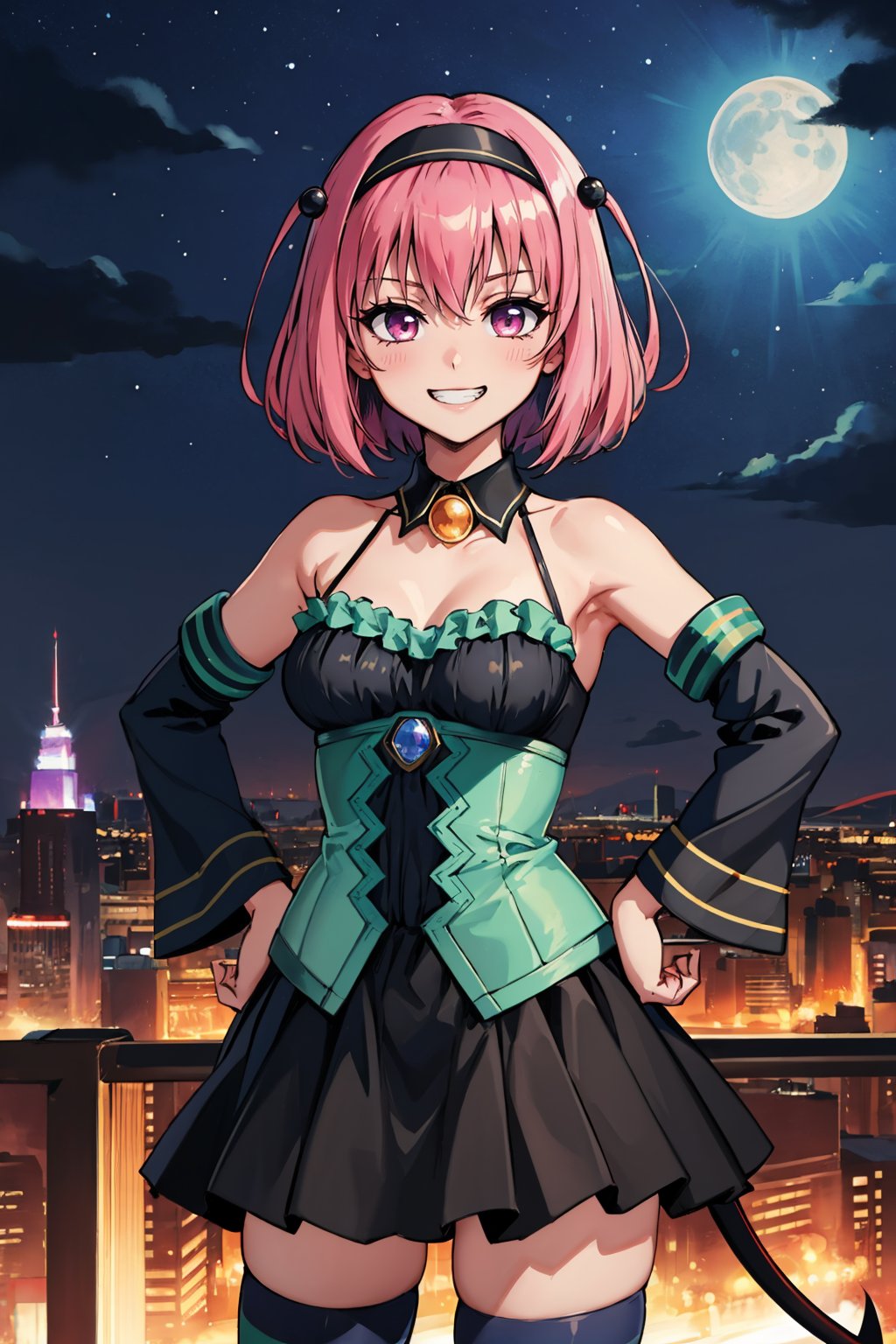 masterpiece, best quality, <lora:tlrmomo-nvwls-v1-000010:0.9> tlrmomo, hair ornament, hairband, black and green dress, detached collar, detached sleeves, black skirt, demon tail, striped thighhighs, grin, evil grin, looking at viewer, hands on hips, night sky, cityscape