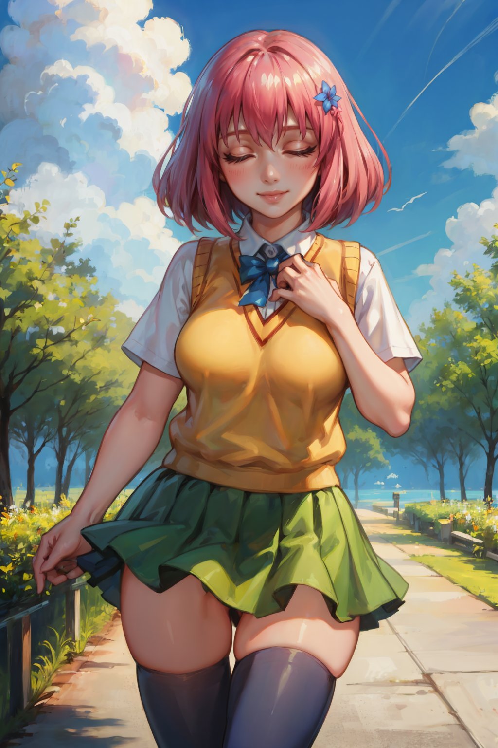 masterpiece, best quality, <lora:tlrmomo-nvwls-v1-000010:0.9> tlrmomo, hair flower, yellow sweater vest, white shirt, short sleeves, green skirt, black thighhighs, closed eyes, smile, hand to own chest, blue sky, trees