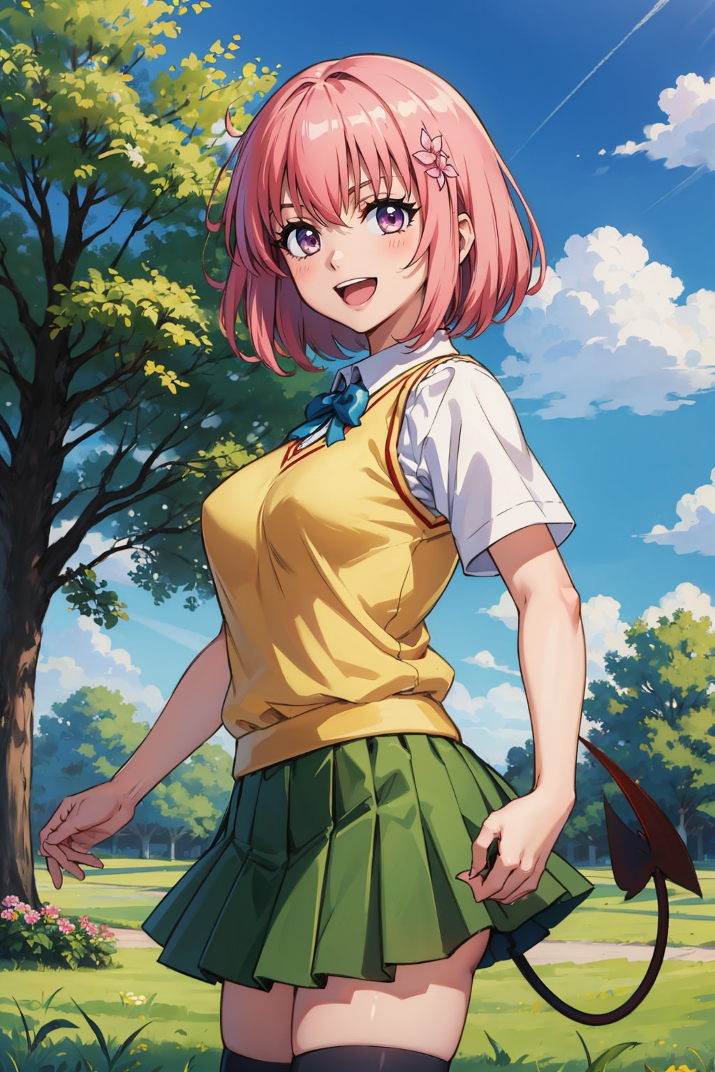 masterpiece, best quality, <lora:tlrmomo-nvwls-v1-000010:0.9> tlrmomo, hair flower, yellow sweater vest, white shirt, short sleeves, green skirt, black thighhighs, demon tail, furrowed brow, :D, sky, clouds, park, trees, looking at viewer