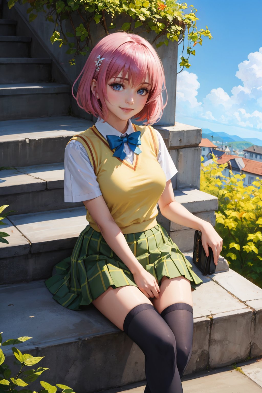 masterpiece, best quality, <lora:tlrmomo-nvwls-v1-000010:0.9> tlrmomo, hair flower, yellow sweater vest, white shirt, short sleeves, green skirt, black thighhighs, sitting, blue sky, stairs, looking up, smile