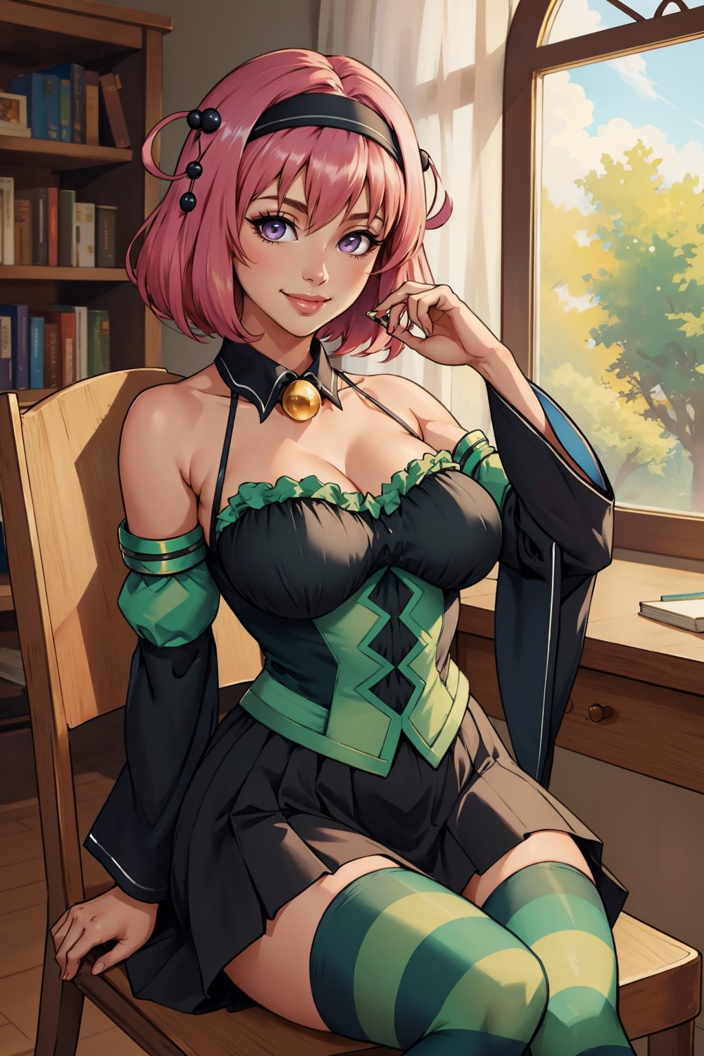 masterpiece, best quality, <lora:tlrmomo-nvwls-v1-000010:0.9> tlrmomo, hair ornament, hairband, black and green dress, detached collar, detached sleeves, black skirt, striped thighhighs, sitting, desk, chair, library, looking at viewer, smile