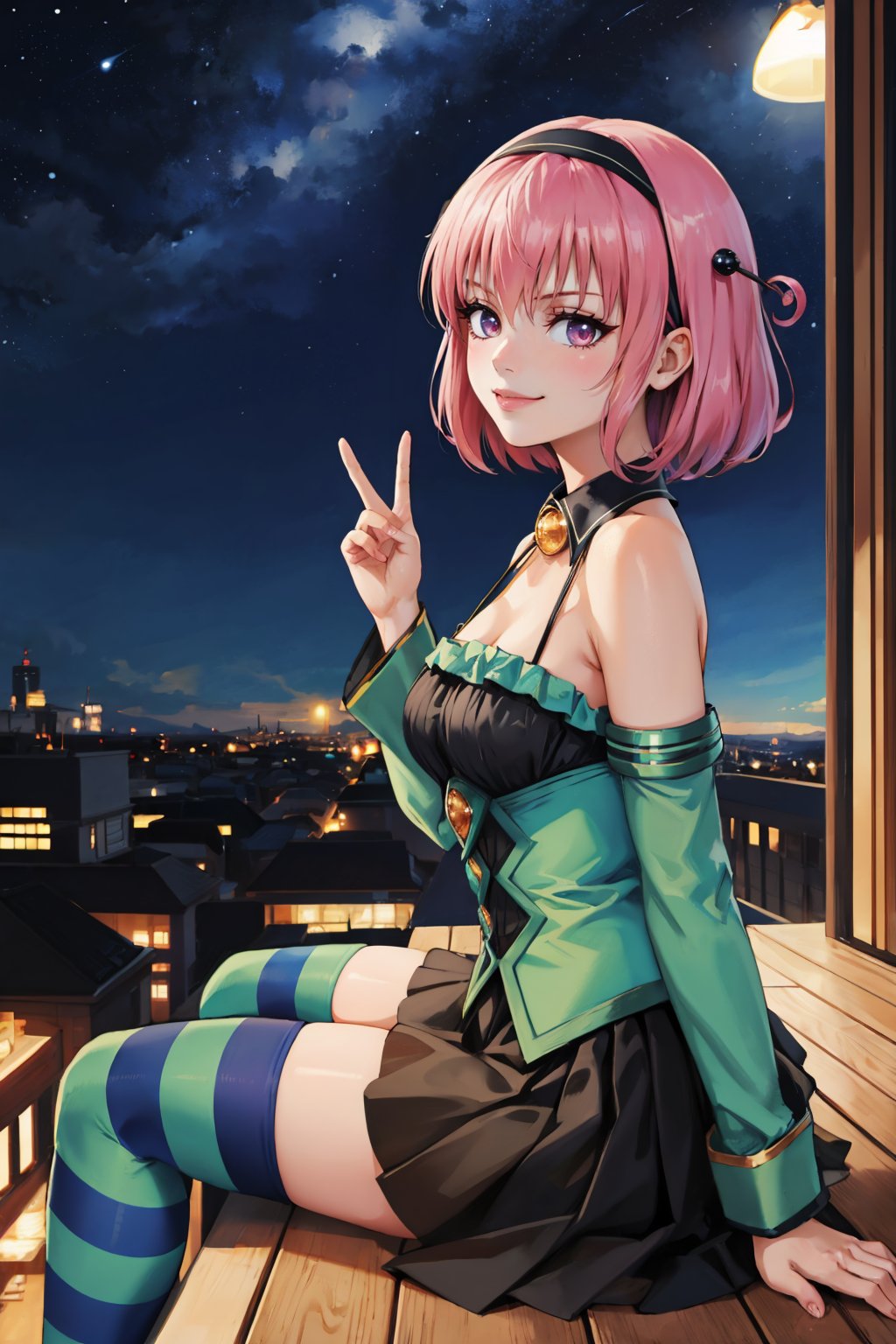 masterpiece, best quality, <lora:tlrmomo-nvwls-v1-000010:0.9> tlrmomo, hair ornament, hairband, black and green dress, detached collar, detached sleeves, black skirt, demon tail, striped thighhighs, smirk, sitting, from side, night sky, rooftop