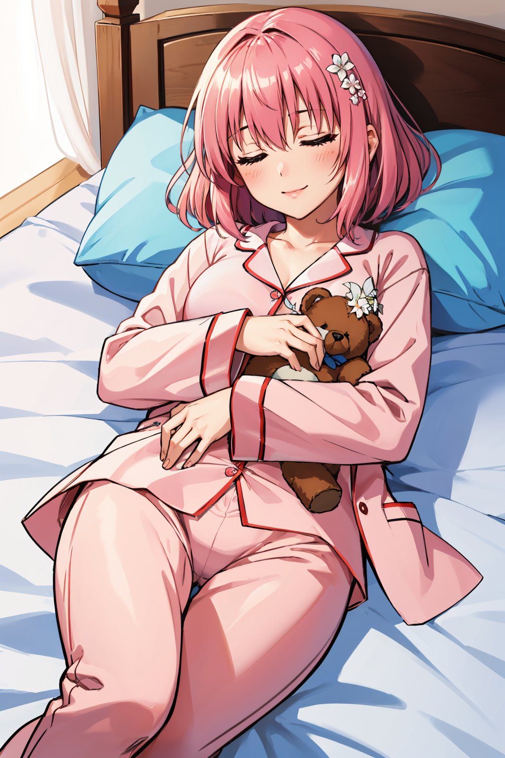 masterpiece, best quality, <lora:tlrmomo-nvwls-v1-000010:0.9> tlrmomo, hair flower, pink pajamas, pink pajama pants, sleeping, bed, smile, teddy bear