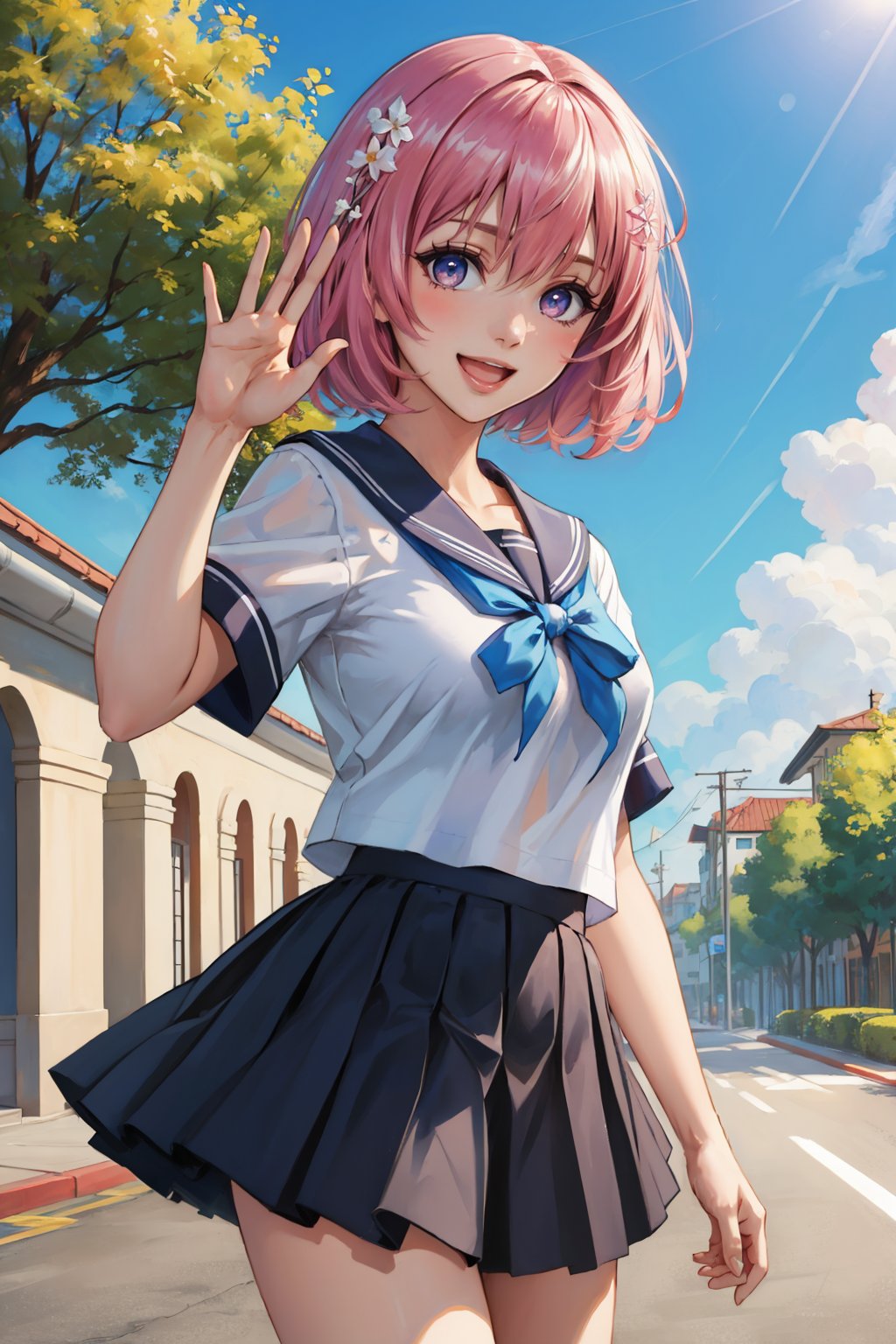 masterpiece, best quality, <lora:tlrmomo-nvwls-v1-000010:0.9> tlrmomo, hair flower, white shirt, serafuku, :D, waving, pleated skirt, blue sky, school building, outdoors