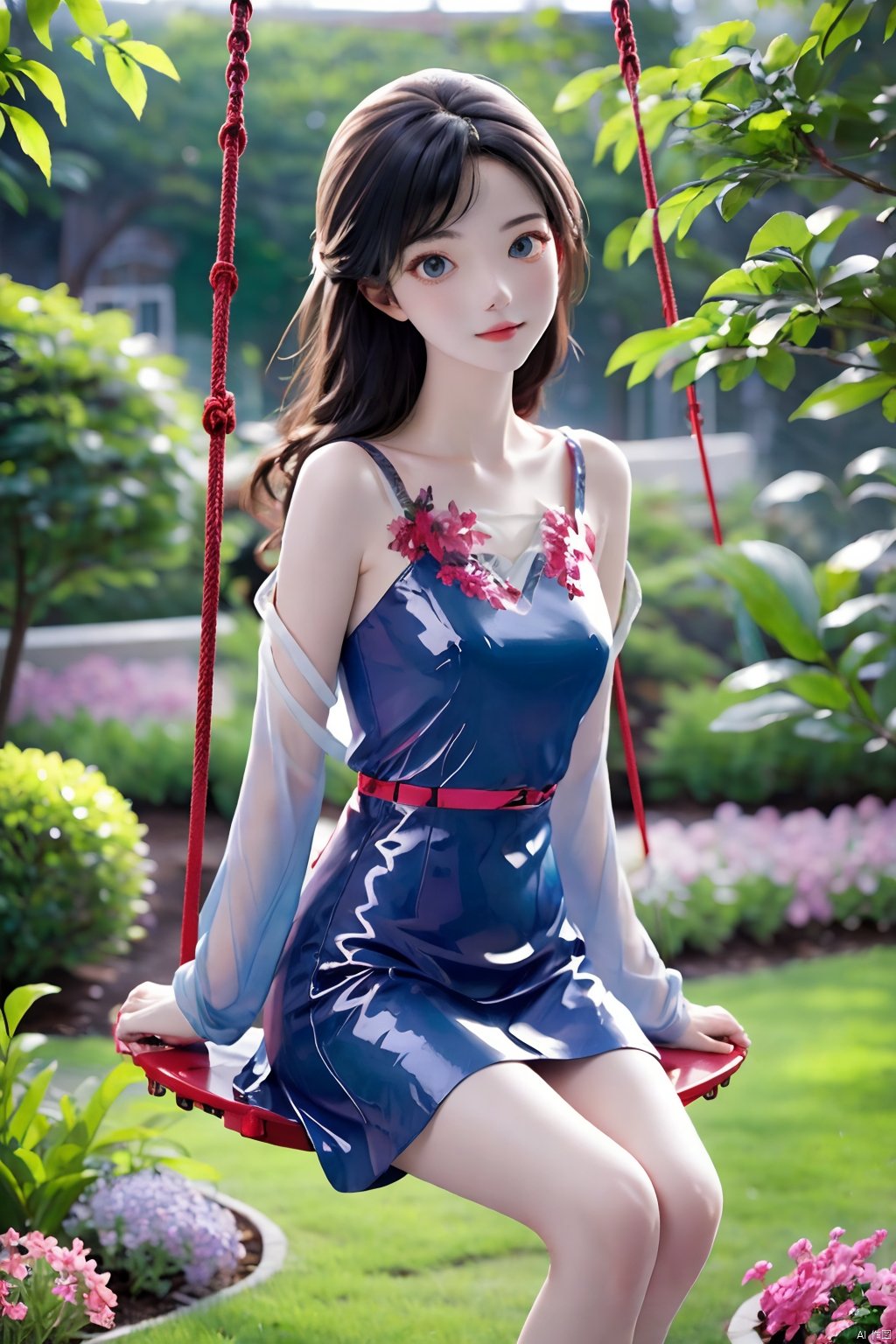 Garden girl, sitting on a swing, enjoying the breeze, surrounded by beautiful gardens and green fields. The picture was warm and quiet.