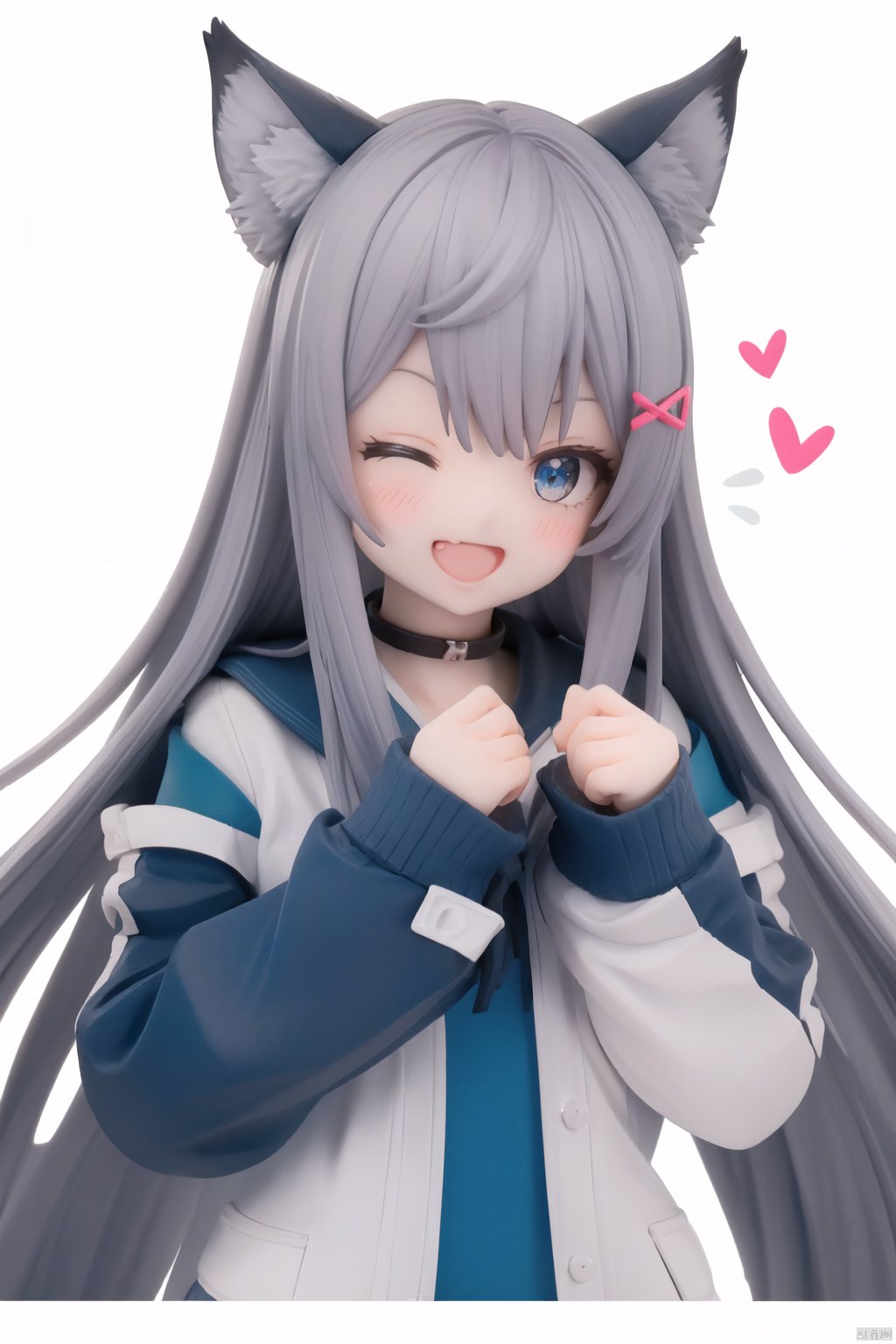 1girl, solo, long hair, looking at viewer, blush, smile, open mouth, bangs, blue eyes, simple background, shirt, hair ornament, long sleeves, white background, animal ears, white shirt, upper body, grey hair, heart, one eye closed, choker, hairclip, fang, virtual youtuber, cat ears, sleeves past wrists, black choker, white jacket, ;d, cat girl, sleeves past fingers, cropped torso