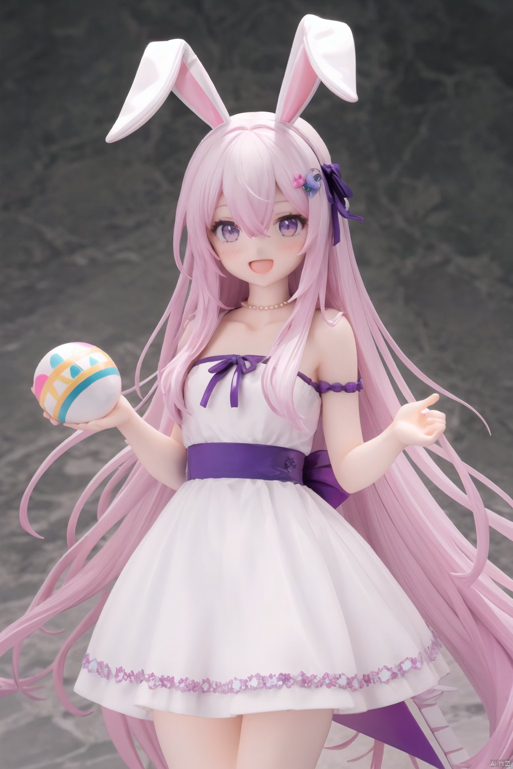 1girl,solo,animal_ears,long_hair,rabbit_ears,animal,open_mouth,smile,holding,dress,holding_animal,two_side_up,very_long_hair,ribbon,hair_ribbon,:d,looking_at_viewer,blush,easter_egg,rabbit,purple_eyes,bangs,fake_animal_ears,collarbone,hair_between_eyes,green_dress,head_tilt,cowboy shot,very long hair,