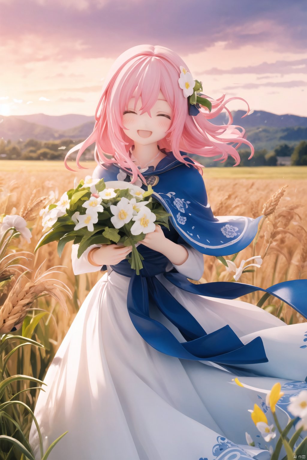 hoshi (snacherubi),(drawn by Lynn Okamoto),center frame, sharp focus, (panorama, wide shot), best quality, masterpiece, extremely detailed, detailed background, (from above:1.2), 1girl, solo, pink hair, closed eyes, smile, open mouth, skirt, long hair, wavy hair, on side, fluffy hair, , french , blush, smile, capelet, lace trim, bodice, sunset, long dress, dusk, scenery, gold sky, high place, horizon, wheat field, wheat ears, wind, wind blow, looking at viewer, (depth of field), bokeh, (holding a flower:1.3), (holding:1.2),(medium):0.5,
