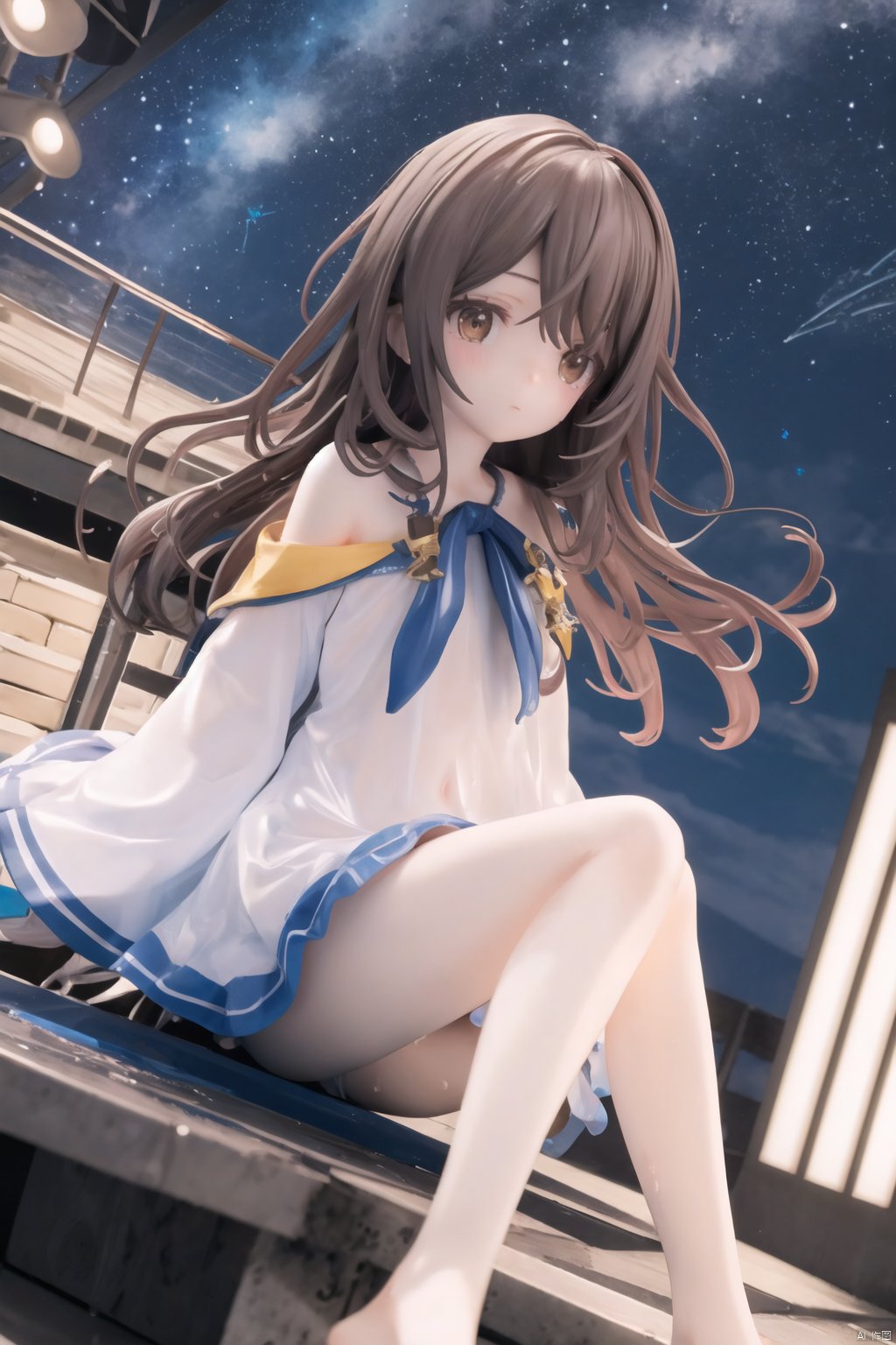 ,(masterpiece, high quality, highres,Highest picture quality), (Master's work),from above, from side, (Depth of field),detailed face,(1loli,solo,),wet black long hair,brown eyes,white dress, (navel:0.8),bare shoulders,bare legs,barefoot, outdoors, ,building, milky way, In the midst of a bustling cityscape, The skyscrapers below her,she appears calm and collected, with an air of quiet confidence about her,wet ground,reflection, starry sky, (wet:0.7),She sat on the edge of a Tower crane, looking out over the city, national tide