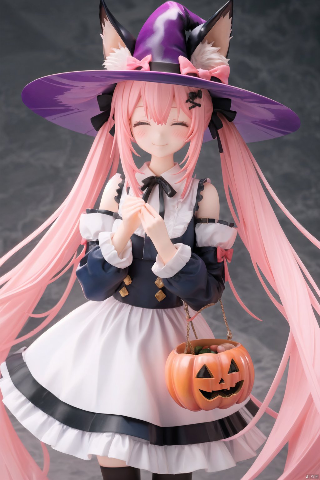 girl, solo, witch hat, shirt, hat, animal ears, white shirt, closed eyes, facing viewer, pink hair, bow, skirt, hair ornament, twintails, blush, closed mouth, polka dot scrunchie, long sleeves, cat ears, smile, halloween bucket, animal ear fluff, frilled skirt, halloween, good shade, long hair, ^ ^, bangs, pink bow, holding, bat hair ornament, black skirt, striped, striped bow, frills, sleeveless, polka dot, food, very long hair, black headwear, polka dot bow, hands up, sleeves past wrists, black bow, detached sleeves, purple bow, purple skirt, cat girl, hat bow, black sailor collar