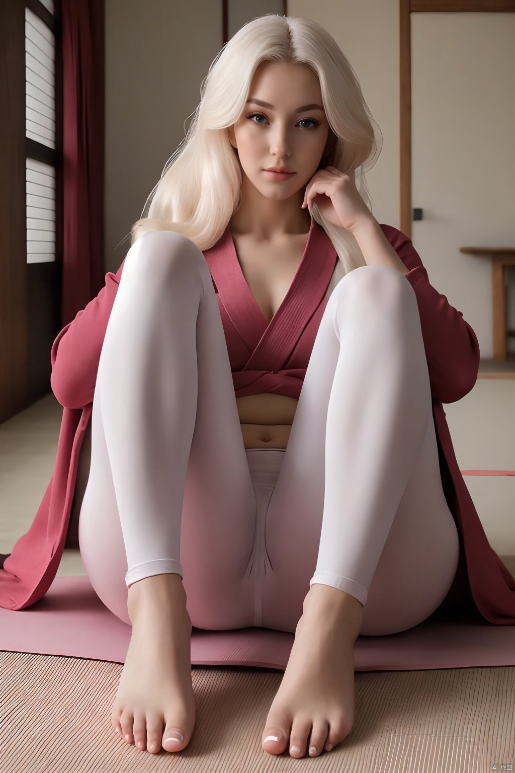  Kimono, calf, small foot, long white hair, blush, legs, MizarFeet, RUANYIO247 YOGA PANTS