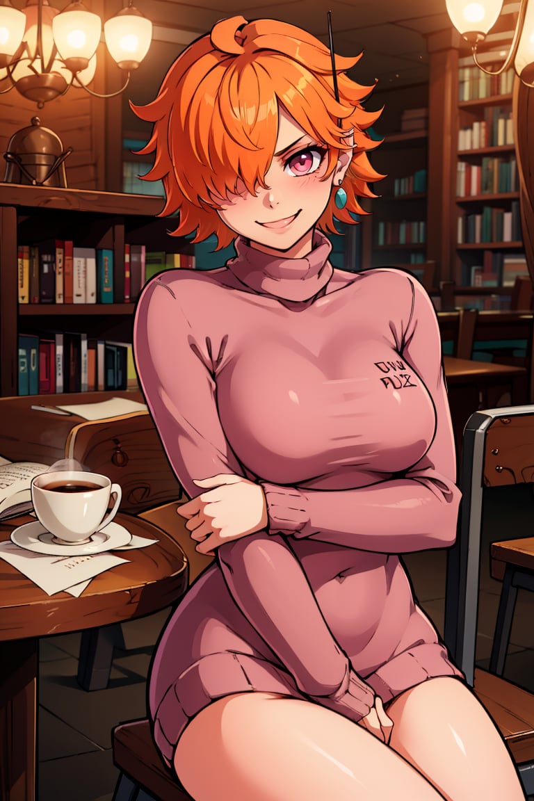 ((masterpiece,best quality)), absurdres, <lora:Vegapunk_Lilith:0.8>,   vegapunk lilith, orange hair, pink eyes, hair over one eye, smile, smug, looking at viewer, cowboy shot turtleneck sweater, earrings, library, cup of coffee, sitting at table