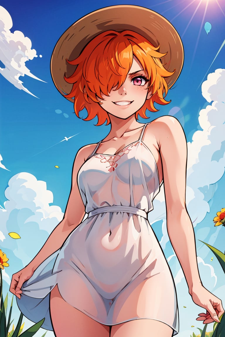 ((masterpiece,best quality)), absurdres, <lora:Vegapunk_Lilith:0.8>,   vegapunk lilith, orange hair, pink eyes, hair over one eye, smile, smug, looking at viewer, cowboy shot white sundress, sun hat, flowing winds, sunny, outdoors,  