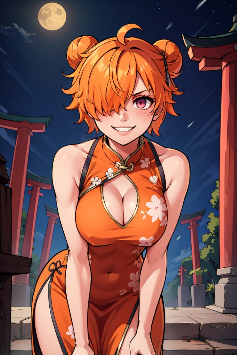 ((masterpiece,best quality)), absurdres, <lora:Vegapunk_Lilith:0.8>,   vegapunk lilith, orange hair, pink eyes, hair over one eye, smile, smug, looking at viewer, cowboy shot china dress, pelvic curtain, side slit, double bun, bun cover, cleavage cutout, sleeveless, print dress, covered navel, no panties, outdoors, night, torii, shrine, east asian architecture, leaning forward, hand on own thigh, from above, smile, 