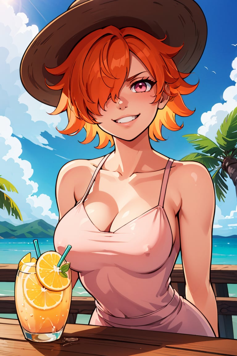 ((masterpiece,best quality)), absurdres, <lora:Vegapunk_Lilith:0.8>,   vegapunk lilith, orange hair, pink eyes, hair over one eye, smile, smug, looking at viewer, cowboy shotsitting at table, vivid detailed tropical drink, two straws, white sundress, sun hat, flowing winds, sunny, outdoors, upper body, 