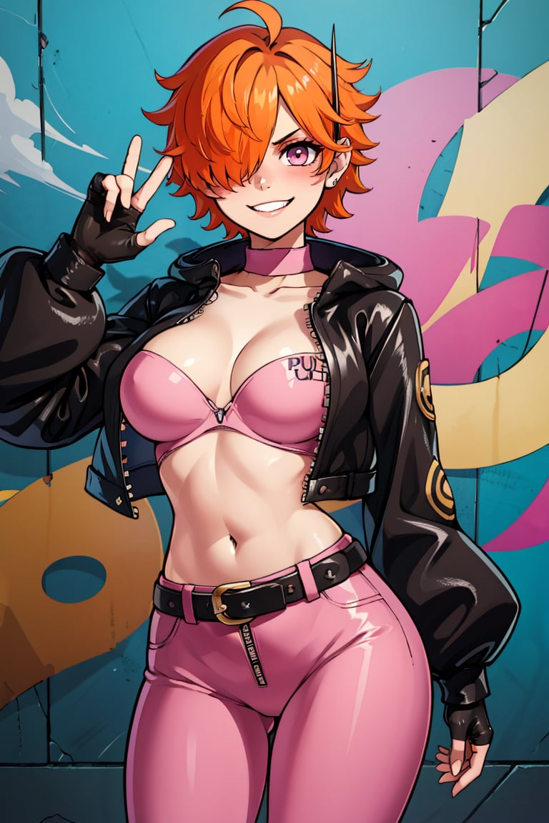 ((masterpiece,best quality)), absurdres, <lora:Vegapunk_Lilith:0.8>,   vegapunk lilith, orange hair, pink eyes, hair over one eye, smile, smug, looking at viewer, cowboy shot leather jacket, leather pants, strapless bra, black jacket, tight pants, black choker, zipper, fingerless gloves, biker clothes, spikes, unzipped, multiple belts, shiny clothes, high collar, (graffiti:1.2), brick wall,