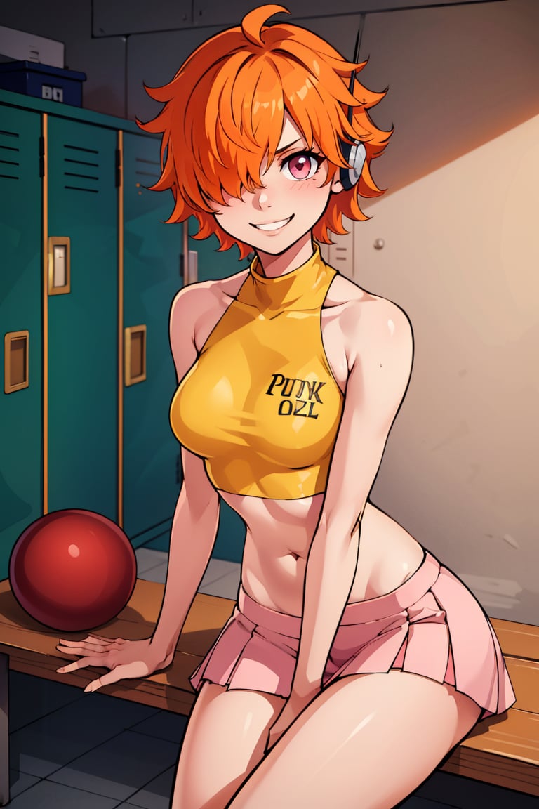 ((masterpiece,best quality)), absurdres, <lora:Vegapunk_Lilith:0.8>,   vegapunk lilith, orange hair, pink eyes, hair over one eye, smile, smug, looking at viewer, cowboy shot cheerleader,  crop top, midriff, miniskirt, locker room, locker, indoors, bench, sitting, crossed legs 