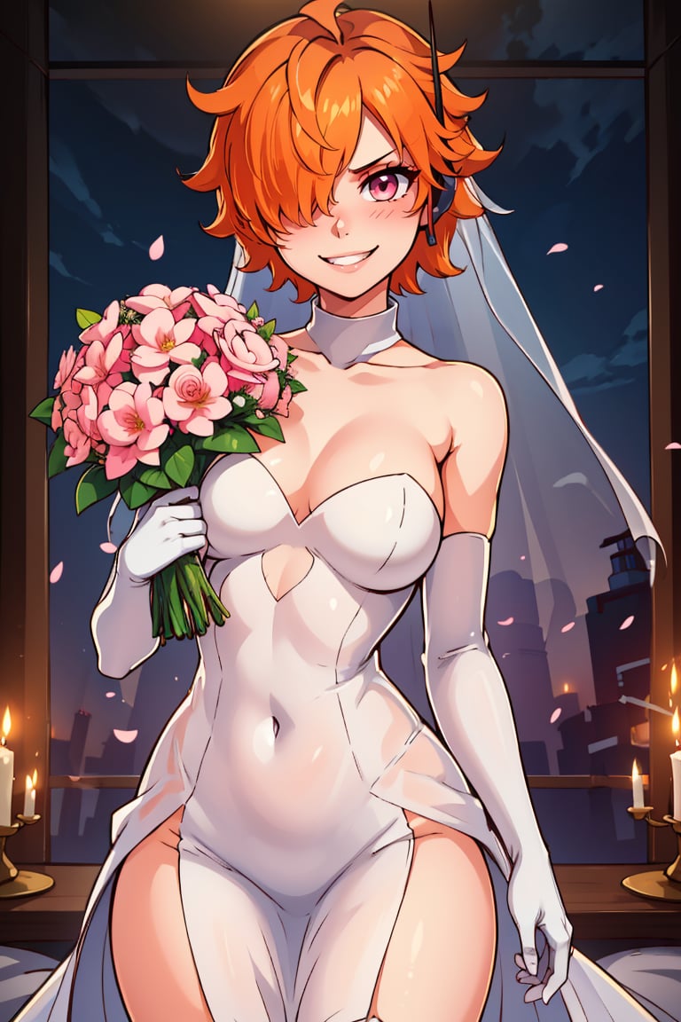 ((masterpiece,best quality)), absurdres, <lora:Vegapunk_Lilith:0.8>,   vegapunk lilith, orange hair, pink eyes, hair over one eye, smile, smug, looking at viewer, cowboy shot  bride, wedding dress, bridal veil, strapless dress, elbow gloves,  holding bouquet, 