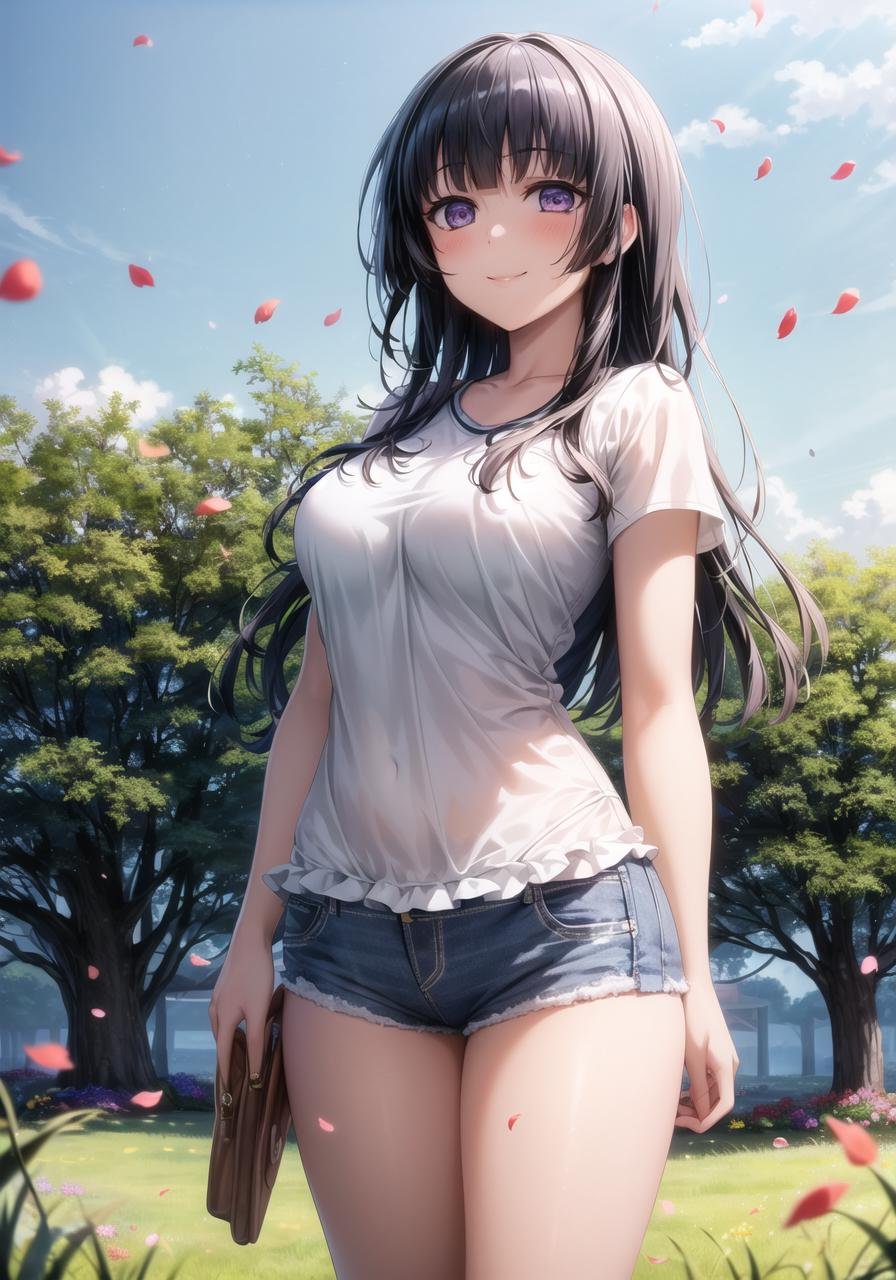 (masterpiece, best quality, ultra-detailed), (illustration), (beautiful detailed eyes), 1girl, shirokane rinko, black hair, long hair, purple eyes, bangs, (blunt bangs:1.3), <lora:RinkoV1.3:0.6>, large breasts(t-shirt, denim shorts, micro shorts, thighs, ),light smile, (cowboy shot), tareme, (arms support), (standing)(outdoors, grass, flowers, petals, falling petals, blue sky:1.3), depth of field, <lora:1651489307798708599:0.2> <lora:add_detail:0.5> <lora:GoodHands-vanilla:1> <lora:tareme:0.4>,  <lora:SimplePositive_v1_AutoRunMech:1>