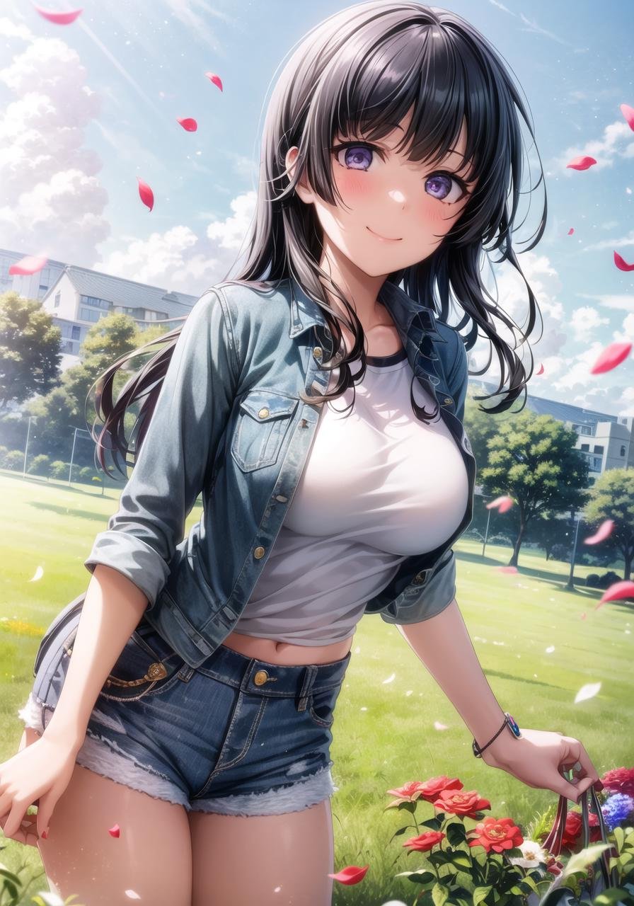 (masterpiece, best quality, ultra-detailed), (illustration), (beautiful detailed eyes), 1girl, shirogane rinko, black hair, long hair, purple eyes, bangs, (blunt bangs:1.3), <lora:RinkoV1.3:0.6>, large breasts(t-shirt, denim shorts, micro shorts, thighs, ),light smile, (cowboy shot), tareme, (arms support), (standing)(outdoors, grass, flowers, petals, falling petals, blue sky:1.3), depth of field, <lora:1651489307798708599:0.2> <lora:add_detail:0.5> <lora:GoodHands-vanilla:1> <lora:tareme:0.4>,  <lora:SimplePositive_v1_AutoRunMech:1>