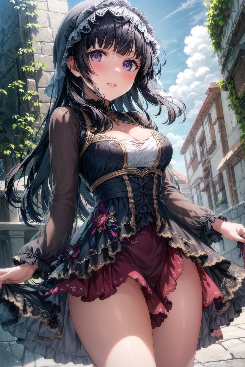 (masterpiece, best quality, ultra-detailed), (illustration), (beautiful detailed eyes), 1girl, solo, shirogane rinko, black hair, long hair, purple eyes, bangs, (blunt bangs:1.3), <lora:RinkoV1.3:0.6>, medium breasts(dress, frills, frilled dress, thighs, cleavage:1.1),light smile, cowboy shot, (tareme:1.3), parted lipsoutdoors, greenery, blue sky, clouds, depth of field, <lora:GoodHands-vanilla:1> <lora:tareme:0.6>,  <lora:more_details:0.4>  <lora:epi_noiseoffset2:1> <lora:SimplePositive_v1_AutoRunMech:1>