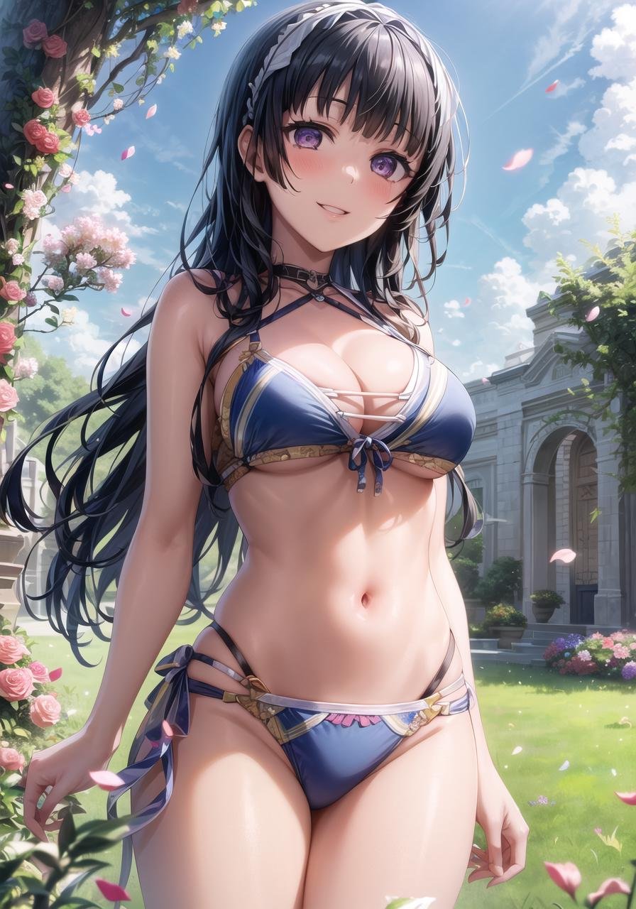 (masterpiece, best quality, ultra-detailed), (illustration), (beautiful detailed eyes), 1girl, shirokane rinko, black hair, long hair, purple eyes, bangs, (blunt bangs:1.3), <lora:RinkoV1.3:0.6>, medium breasts(bikini, cleavage:1.2),light smile, (cowboy shot), tareme, (arms support), (standing), parted lips(outdoors, grass, flowers, petals, falling petals, blue sky:1.3), depth of field, <lora:1651489307798708599:0.2> <lora:add_detail:0.5> <lora:GoodHands-vanilla:1> <lora:tareme:0.4>,  <lora:SimplePositive_v1_AutoRunMech:1>