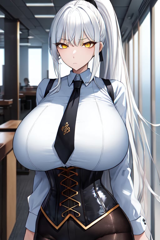 {high ponytail},masterpiece,ddot,white hair,huge_breasts,{cool expression},yellow_eyes,midjourney,white shirts  ,RING EYES ,dark eyes strap,black necktie,corset
, bang, very long hair,  ,office,no expression