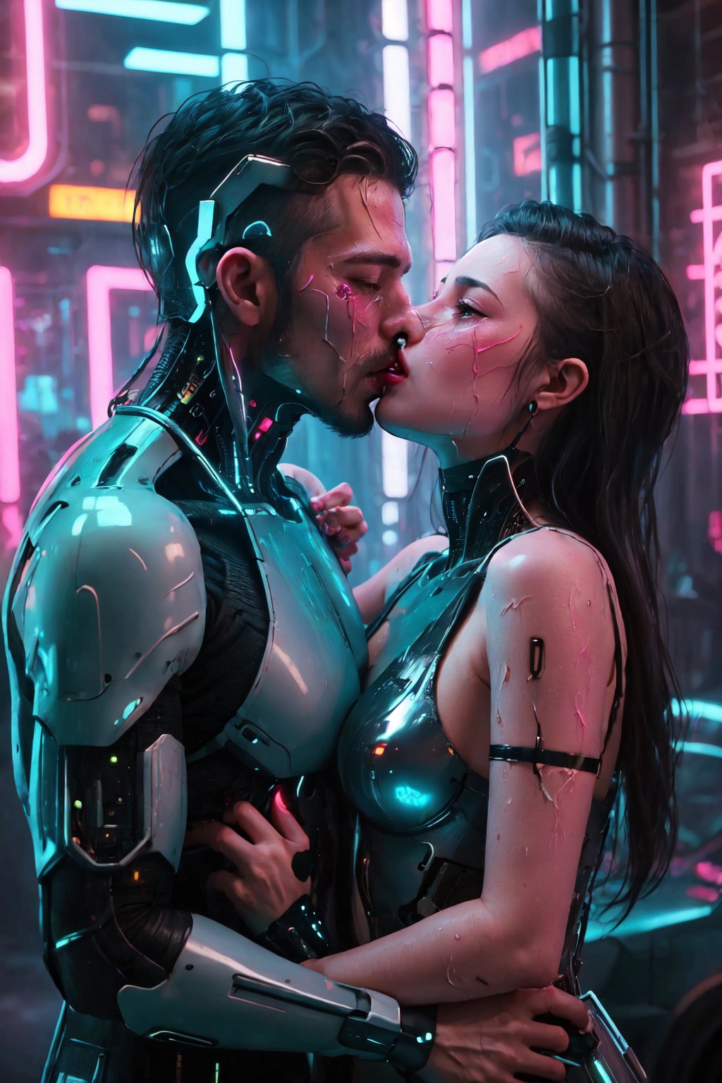 In Cyberpunk Couples Hotel, a man is kissing a woman's mouth, wet kissing, and neon lights are shining on two couples. A woman's mouth is very open and comfortable. Kiss of Cyborg