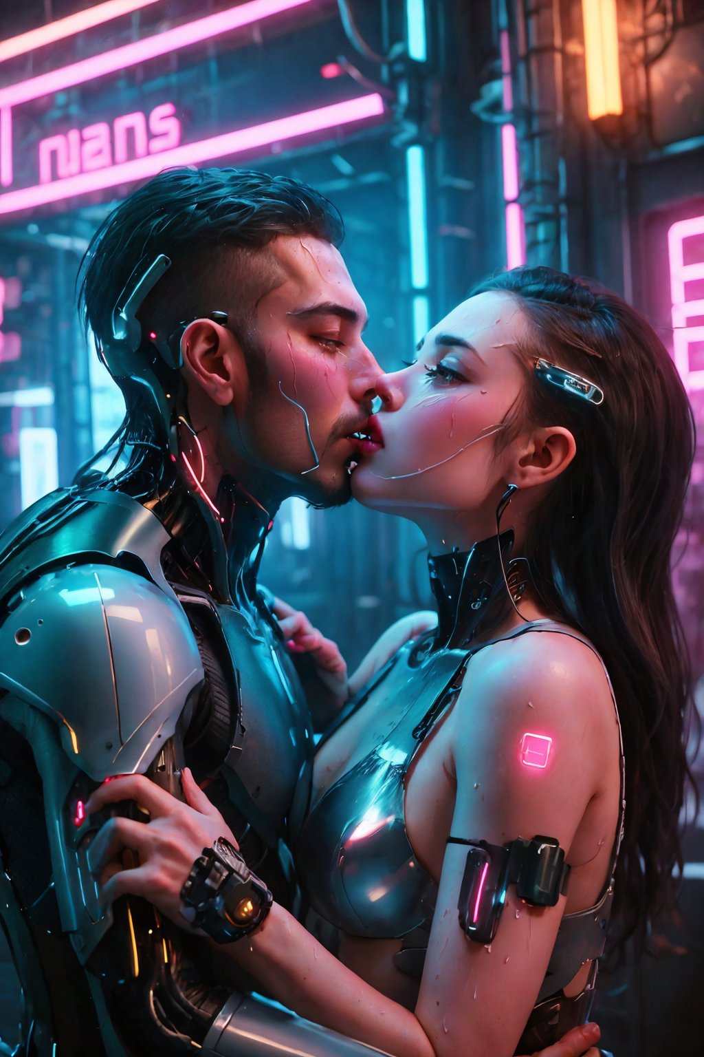 In Cyberpunk Couples Hotel, a man is kissing a woman's mouth, wet kissing, and neon lights are shining on two couples. A woman's mouth is very open and comfortable. Kiss of Cyborg