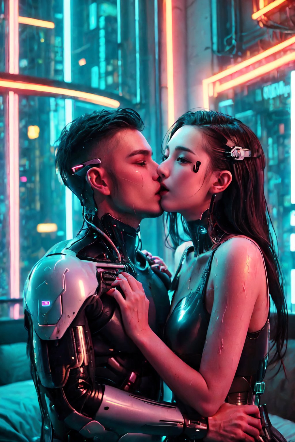 In Cyberpunk Couples Hotel, a man is kissing a woman's mouth, wet kissing, and neon lights are shining on two couples. A woman's mouth is very open and comfortable. Kiss of Cyborg