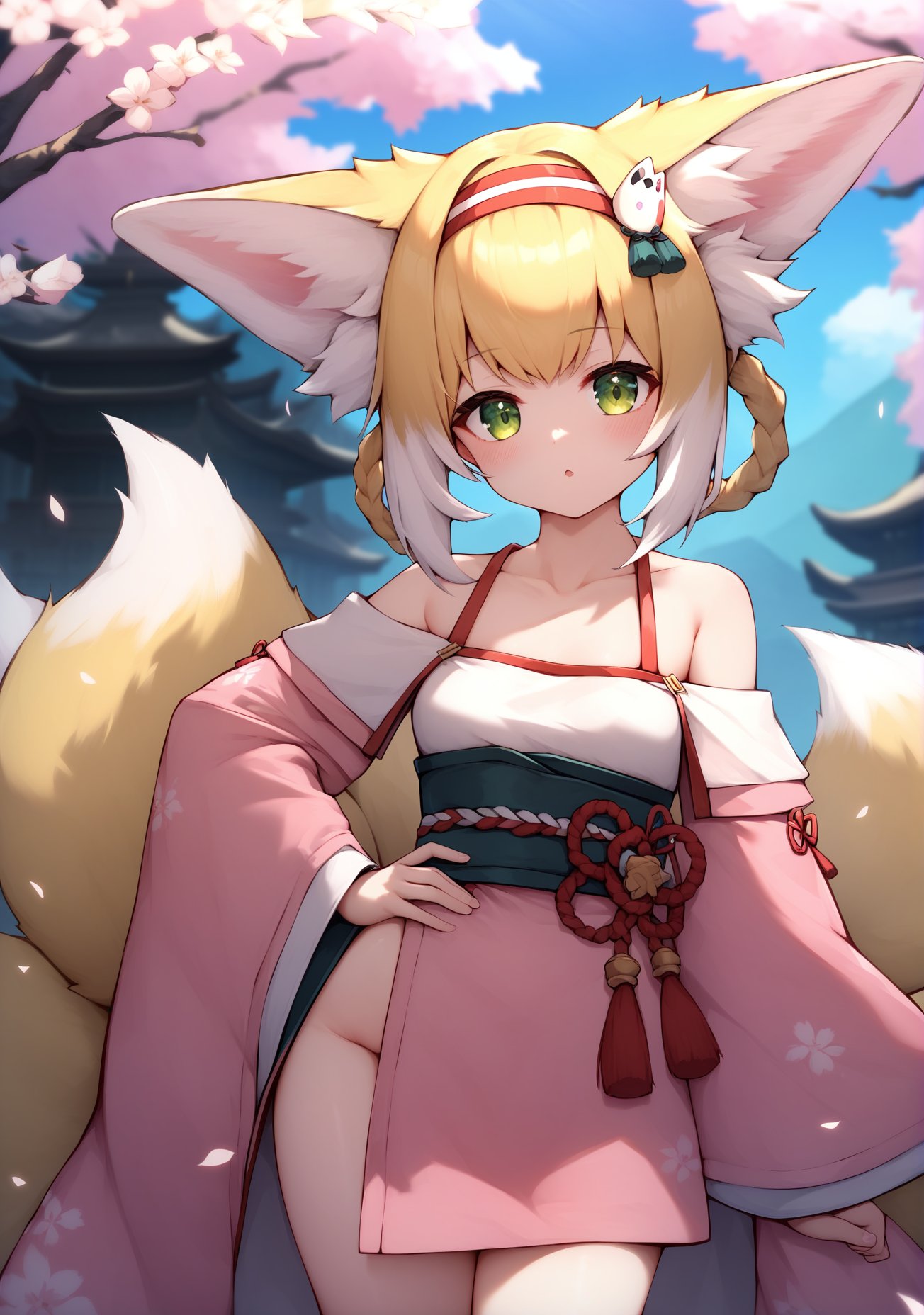 score_9, score_8_up, score_7_up, score_6_up, best quality, masterpiece, uncensored, source_anime,a cute fox girl posing in front of epic scenery, she is happy and calm, revealing and teasing yet sfw,1girl,suzuran \(arknights\), collarbone, green eyes, animal ear fluff, blonde hair, hairband, braided hair rings, fox ears, fox tail, kitsune, multiple tails, hair rings, small breasts, pink kimono, hand on own hip, clothes cutout,hips, off shoulder