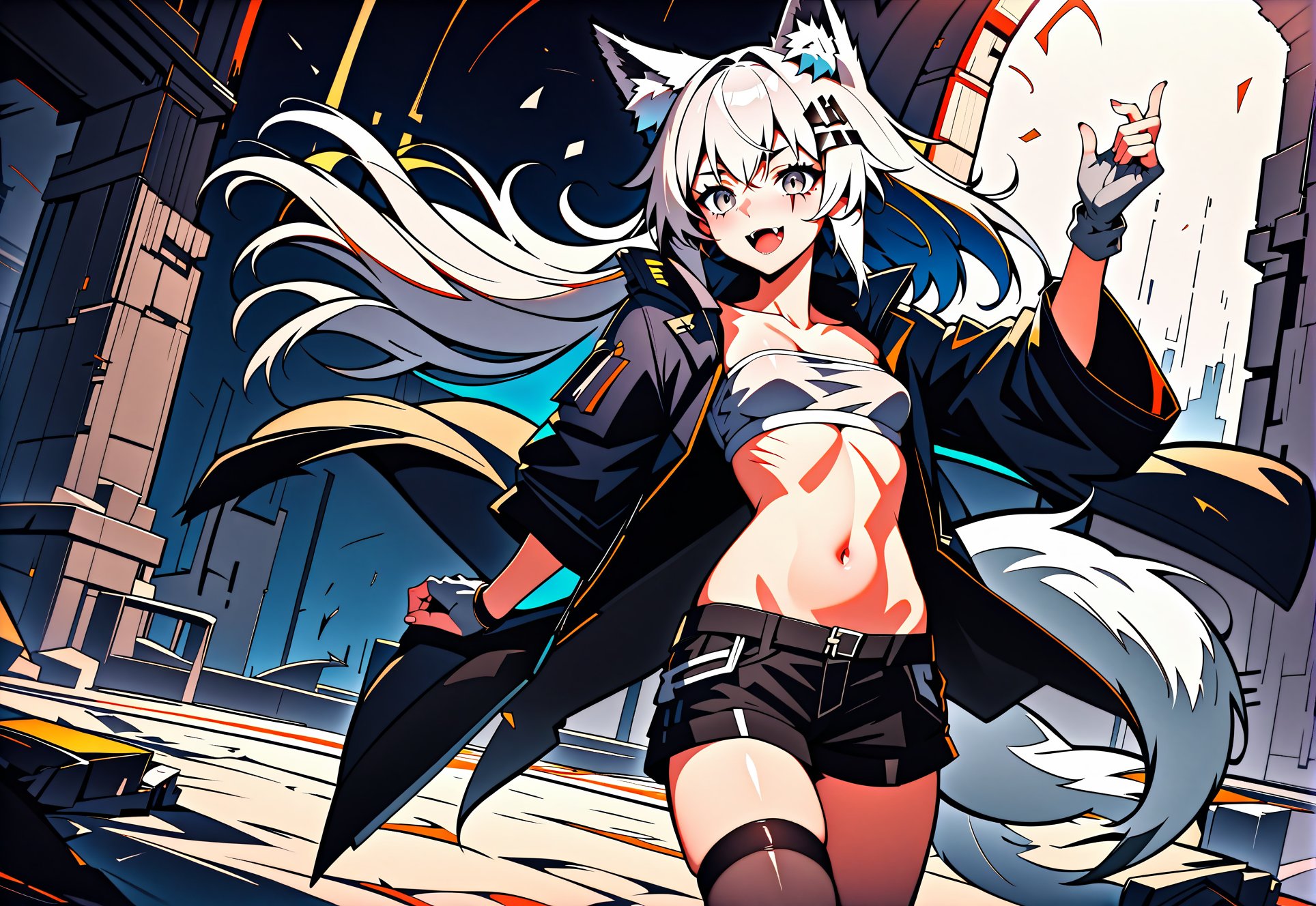 score_9, score_8_up, score_7_up, score_6_up, best quality, masterpiece, uncensored, source_anime,lappland \(arknights\), arknights, silver hair, animal ear fluff, animal ears, bandeau, black coat, black jacket, black shorts, fangs, fingerless gloves, gloves, grey eyes, grey gloves, hairclip, long hair, open clothes, open coat, open mouth, scar across eye, wolf ears, wolf tailcowboy shot,girl explores ruins of church, broken stained glass, deserted spaces, detailed backgroundhdr,sharp, high_contrast, by aigenerated