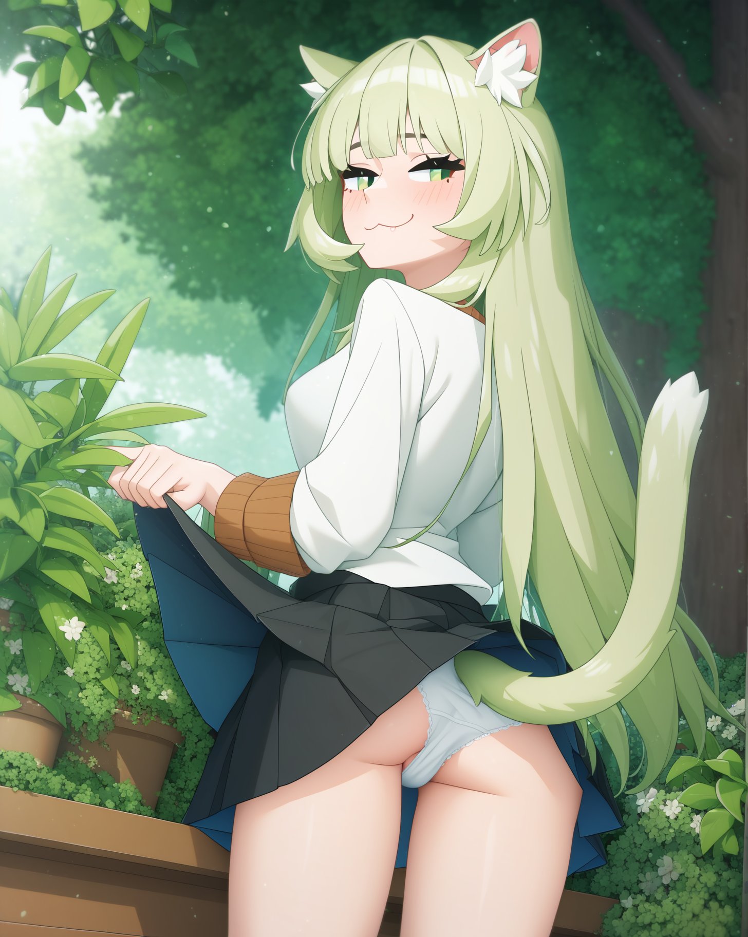 score_9, score_8_up, score_7_up, score_6_up, best quality, masterpiece, uncensored, source_anime,by mao lian \(nekokao\), harmonie \(arknights\),cat girl, cat ears, animal ear fluff, thick cat tail, green eyes, green hair, long hair, arknights, (smug face, :3:1.1),brown cardigan, black skirt, white shirt, lifted by tail,cat girl with teasing expression standing on the right side, her skirt is lifted by tail revealing white panties, looking away, from behind,flowering clover meadow, forest, countrysidebest quality, amazing quality, very aesthetic, absurdres,