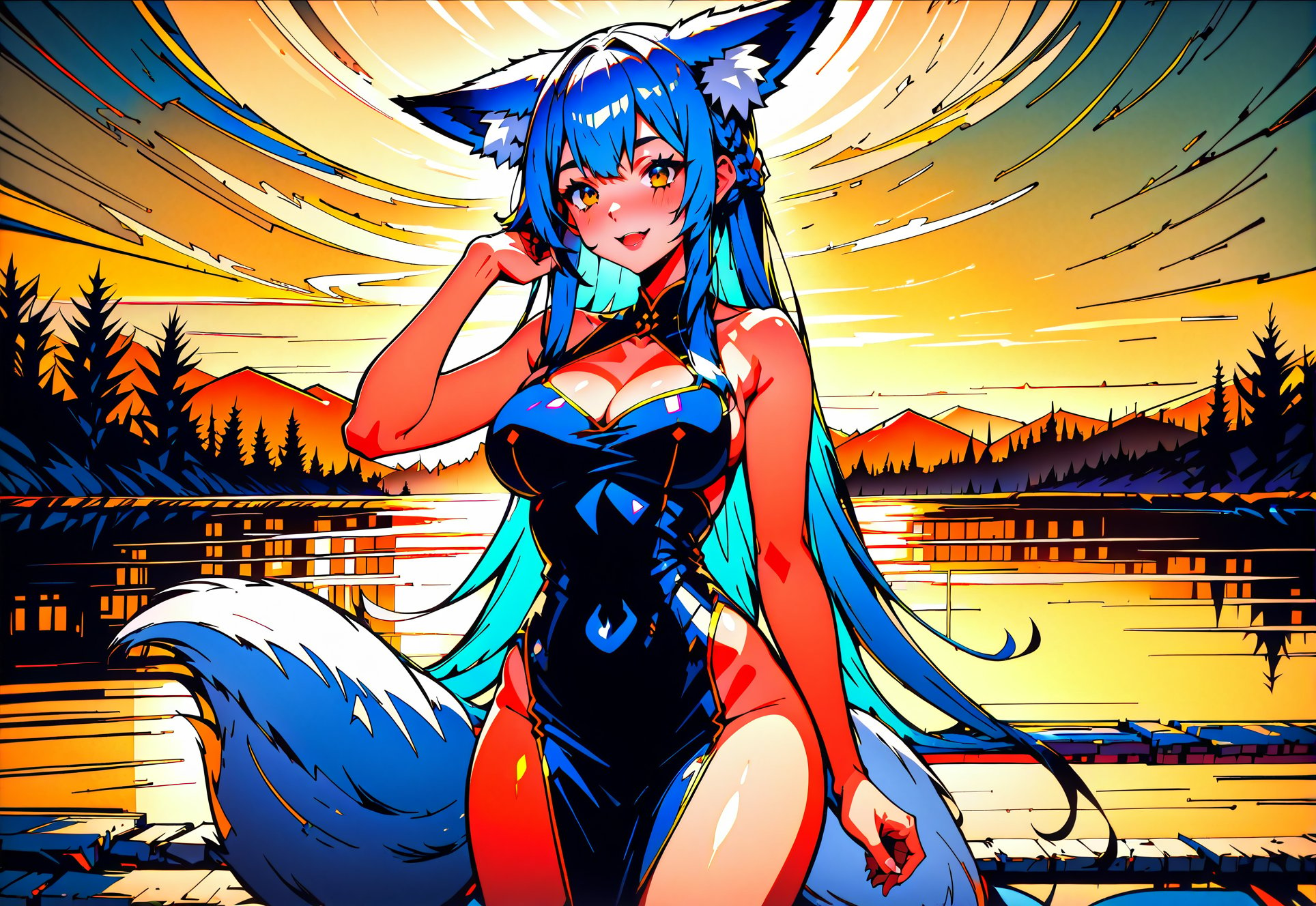 score_9, score_8_up, score_7_up, score_6_up, best quality, masterpiece, uncensored, source_anime,fox ears, fox girl, fox tail, large breasts, silvervale, animal ear fluff, [blue|pink] hair, long hair, multicolored hair, virtual youtuber, vshojo, black chinese dress with hips cutoutcowboy shot,outdoors, night, lake, reflectivehdr,sharp, high_contrast, by aigenerated