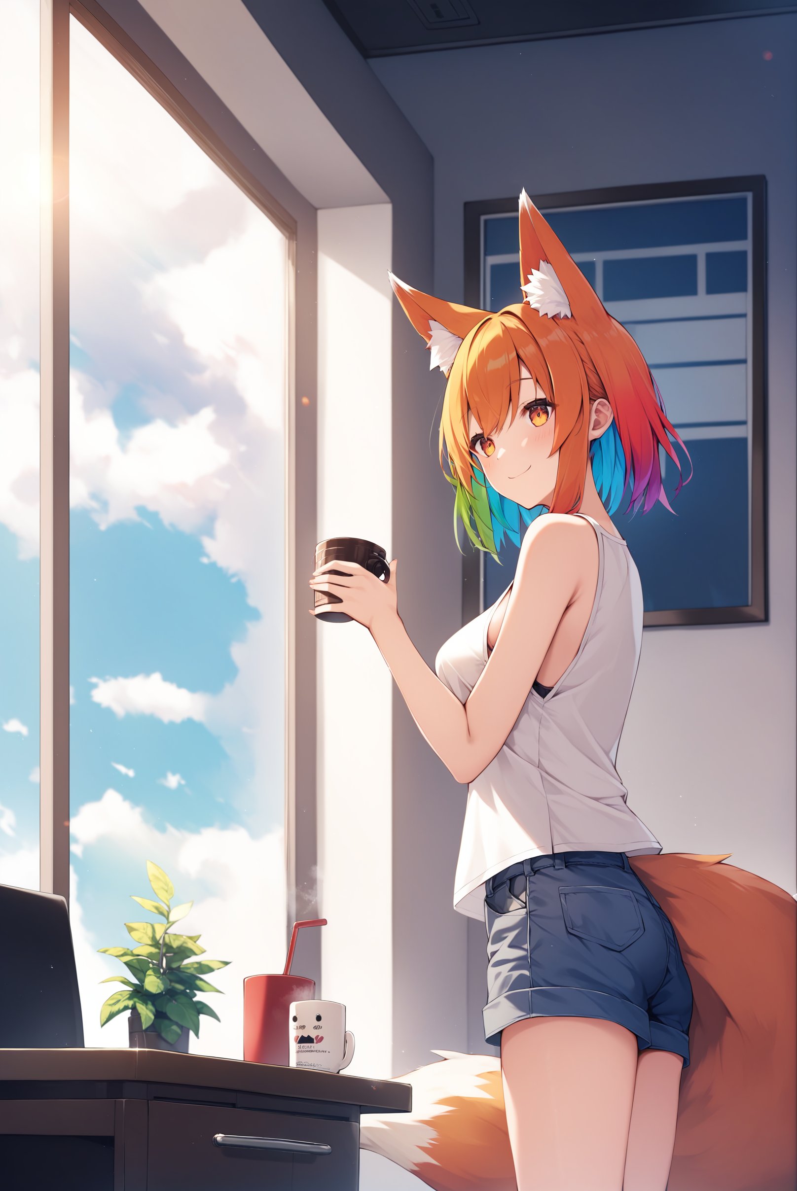 score_9, score_8_up, score_7_up, score_6_up, best quality, masterpiece, uncensored, source_anime,by nagishiro mito,cute girl with rainbow strand of hair smiling at camera and holding a cup of tea, cowboy shot,1girl, fox girl, fox ears, fluffy fox tail, animal ear fluff, rainbow hair, :3, multicolour hair, wearing sleeveless t-shirt and shorts, sideboob,indoors, office, panoramic window, dark clouds, god rays,sharp,