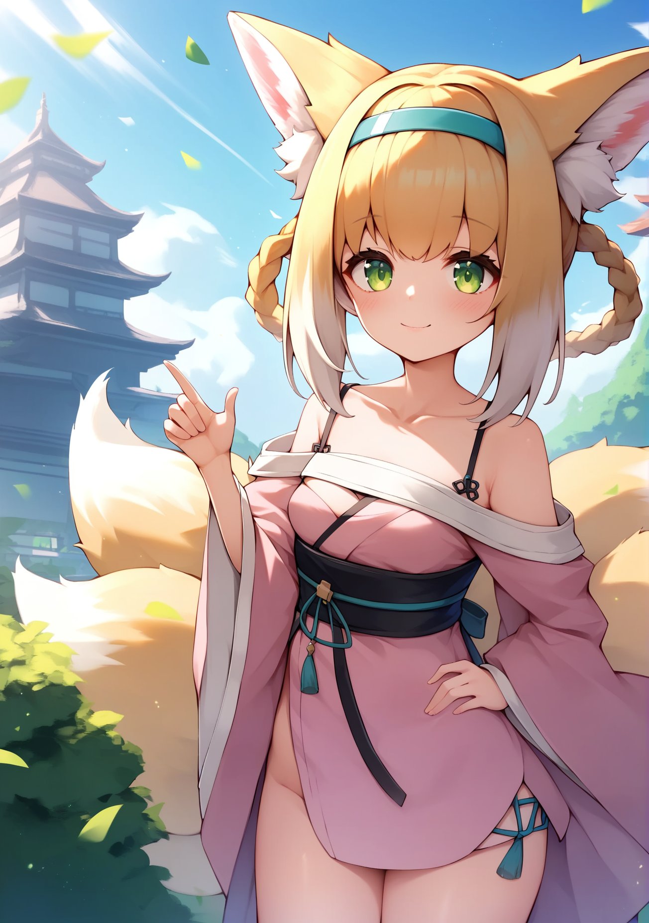 score_9, score_8_up, score_7_up, score_6_up, best quality, masterpiece, uncensored, source_anime,a cute fox girl posing in front of epic scenery, she is happy and calm, revealing and teasing yet sfw,1girl,suzuran \(arknights\), collarbone, green eyes, animal ear fluff, blonde hair, hairband, braided hair rings, fox ears, fox tail, kitsune, multiple tails, hair rings, small breasts, pink kimono, hand on own hip, clothes cutout,hips, off shoulder