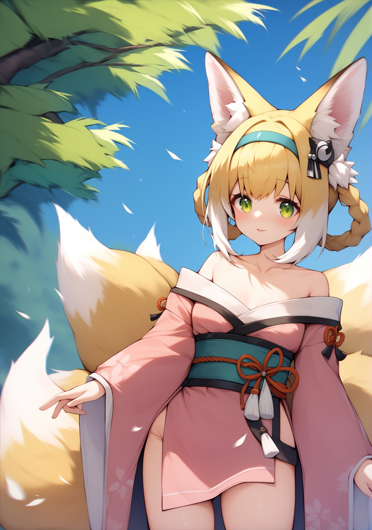 score_9, score_8_up, score_7_up, score_6_up, best quality, masterpiece, uncensored, source_anime,a cute fox girl posing in front of epic scenery, she is happy and calm, revealing and teasing yet sfw,1girl,suzuran \(arknights\), collarbone, green eyes, animal ear fluff, blonde hair, hairband, braided hair rings, fox ears, fox tail, kitsune, multiple tails, hair rings, small breasts, pink kimono, hand on own hip, clothes cutout,hips, off shoulder