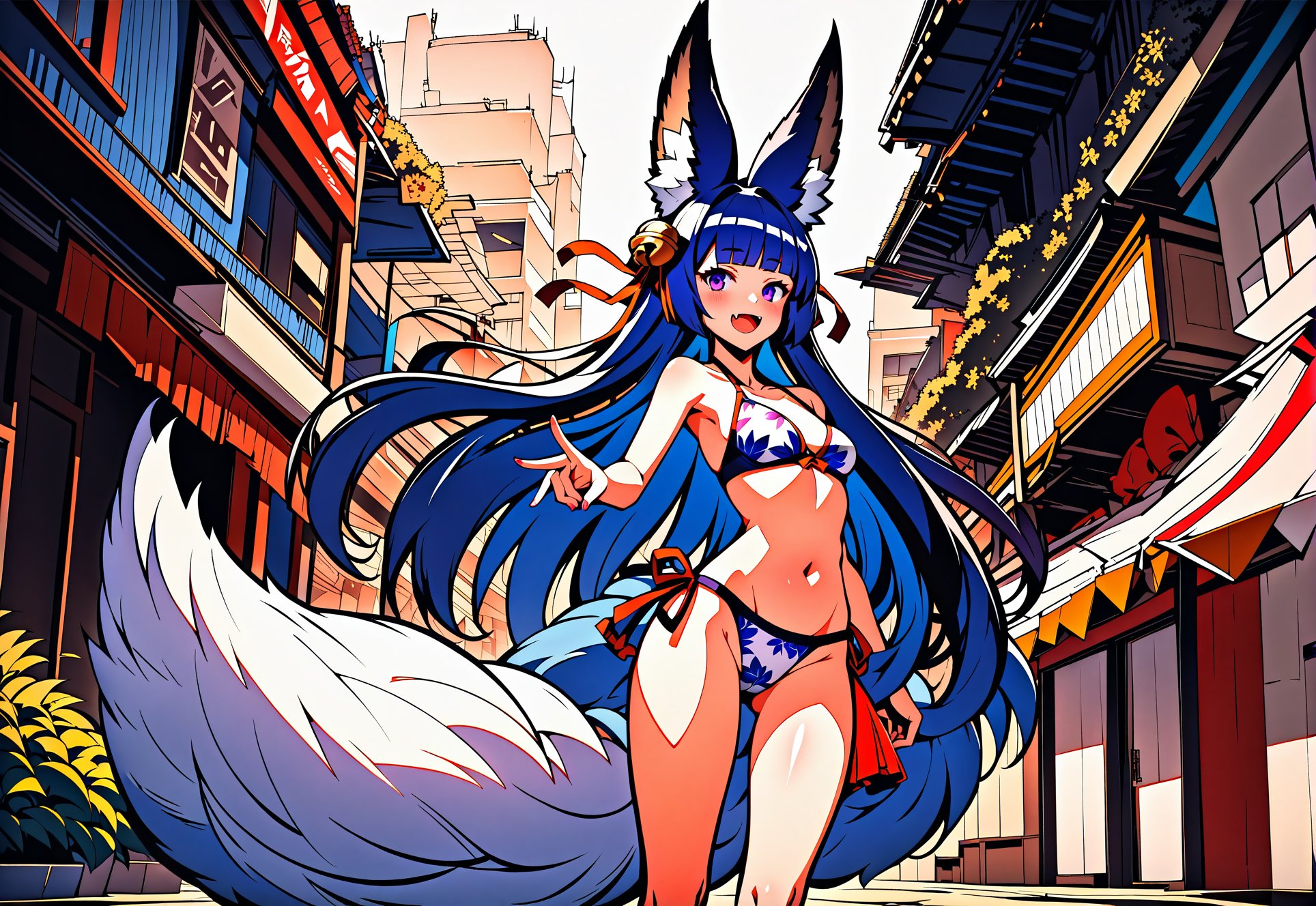 score_9, score_8_up, score_7_up, score_6_up, best quality, masterpiece, uncensored, source_anime,yuel \(granblue fantasy\), granblue fantasy, animal ear fluff, [black|blue] hair, blunt bangs, fang, forehead, fox ears, fox girl, (big fluffy fox tail), hair ornament, hair ribbon, long bangs, long hair, purple eyes, bell, wearing bikini swimsuit onlycowboy shot,outdoors, floral print, hair ornament, festival, dusk, city street, skyscrapers, akihabara, (dark night, low color gamma, dark colors, low brightness:0.9)hdr,sharp, high_contrast, by aigenerated