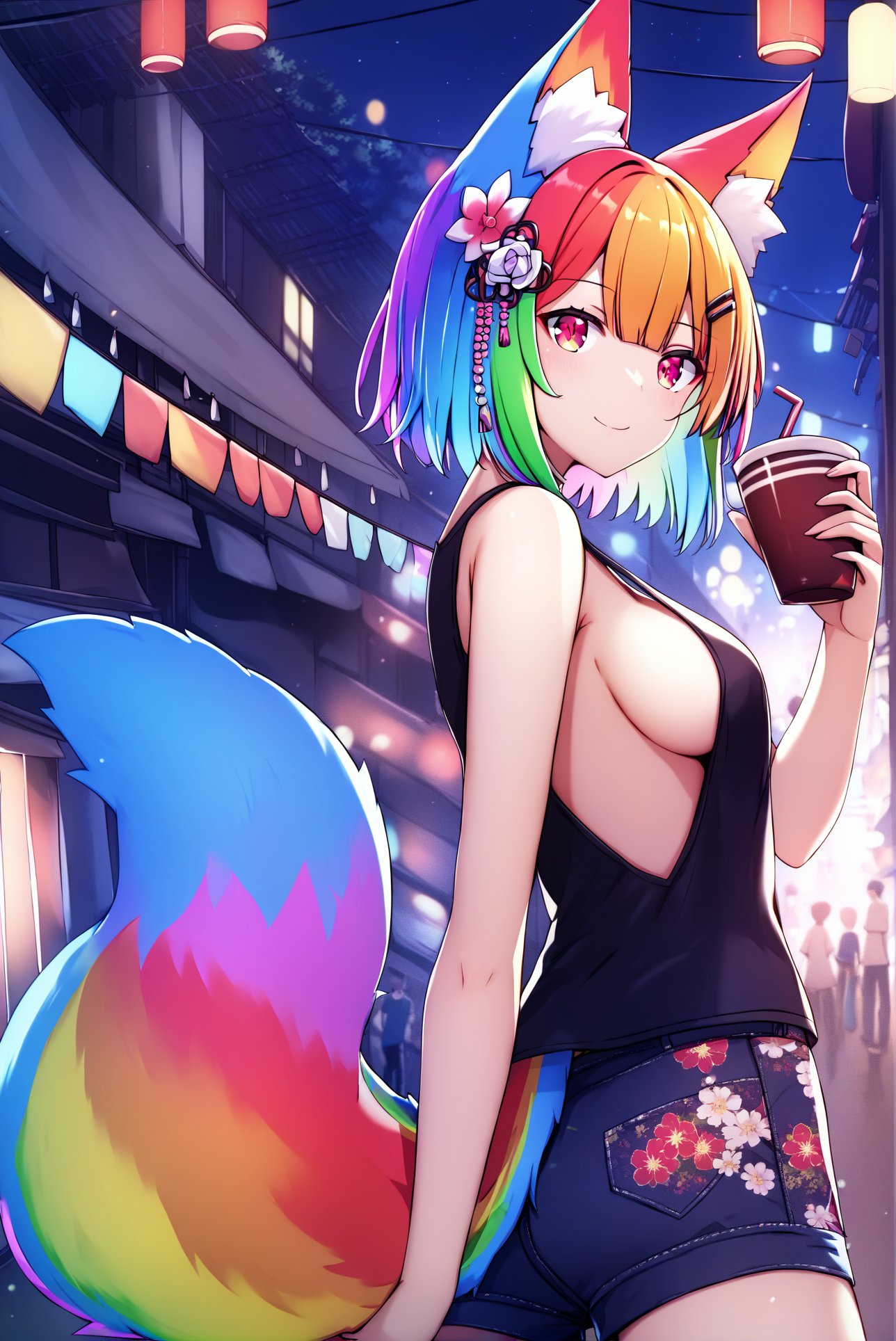 score_9, score_8_up, score_7_up, score_6_up, best quality, masterpiece, uncensored, source_anime,by nekoya \(liu\),cute girl with rainbow strand of hair smiling at camera and holding a cup of tea, cowboy shot,1girl, fox girl, fox ears, fluffy fox tail, animal ear fluff, rainbow hair, :3, multicolour hair, wearing sleeveless t-shirt and shorts, sideboob,outdoors, floral print, hair ornament, festival, dusk, city street, skyscrapers, akihabara, (dark night, low color gamma, dark colors, low brightness:0.9),sharp,