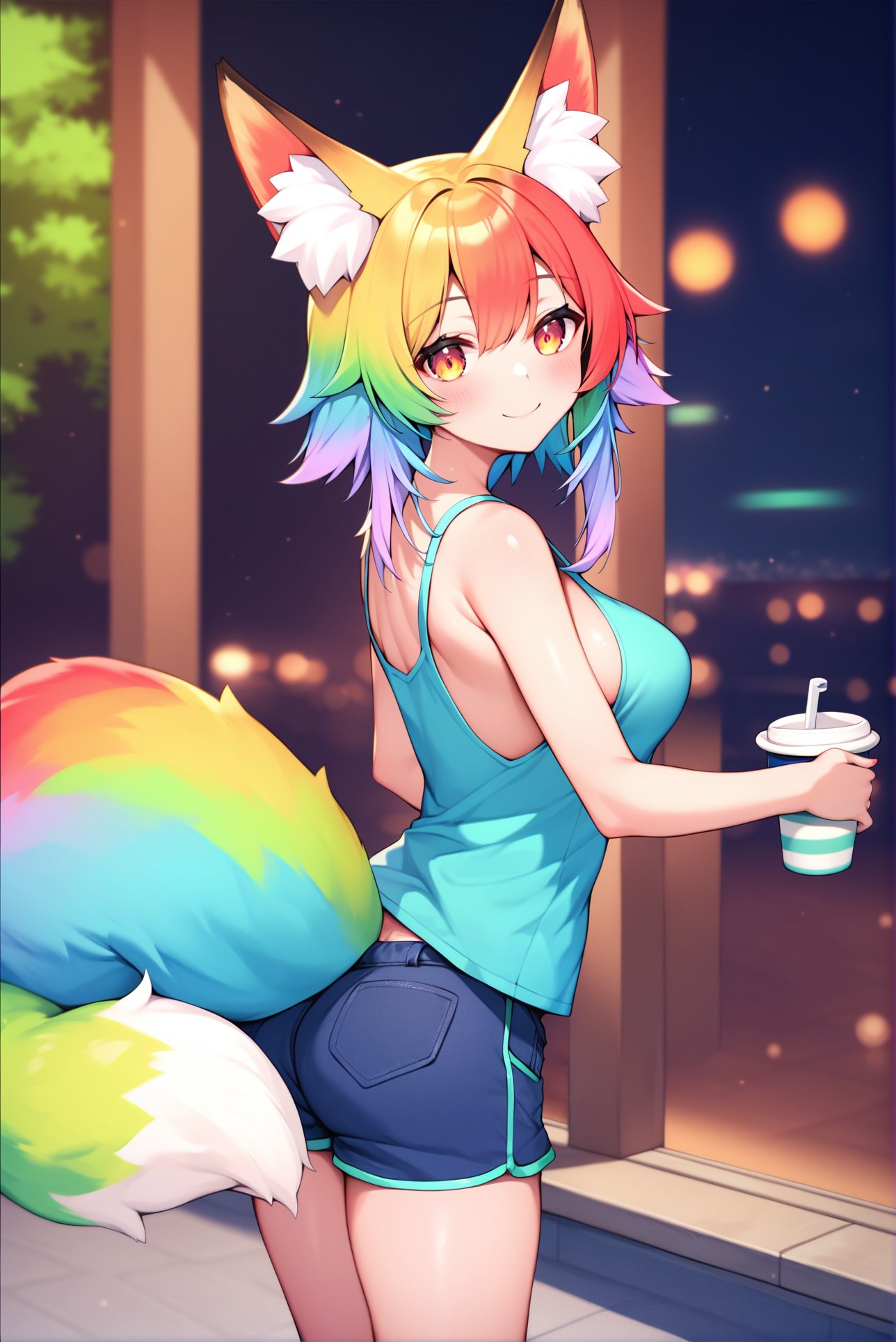 score_9, score_8_up, score_7_up, score_6_up, best quality, masterpiece, uncensored, source_anime,by konagi \(konotuki\),,cute girl with rainbow strand of hair smiling at camera and holding a cup of tea, cowboy shot,1girl, fox girl, fox ears, fluffy fox tail, animal ear fluff, rainbow hair, :3, multicolour hair, wearing sleeveless t-shirt and shorts, sideboob,outdoors, aqua park, high tech, digital, neon, water, poolsharp,