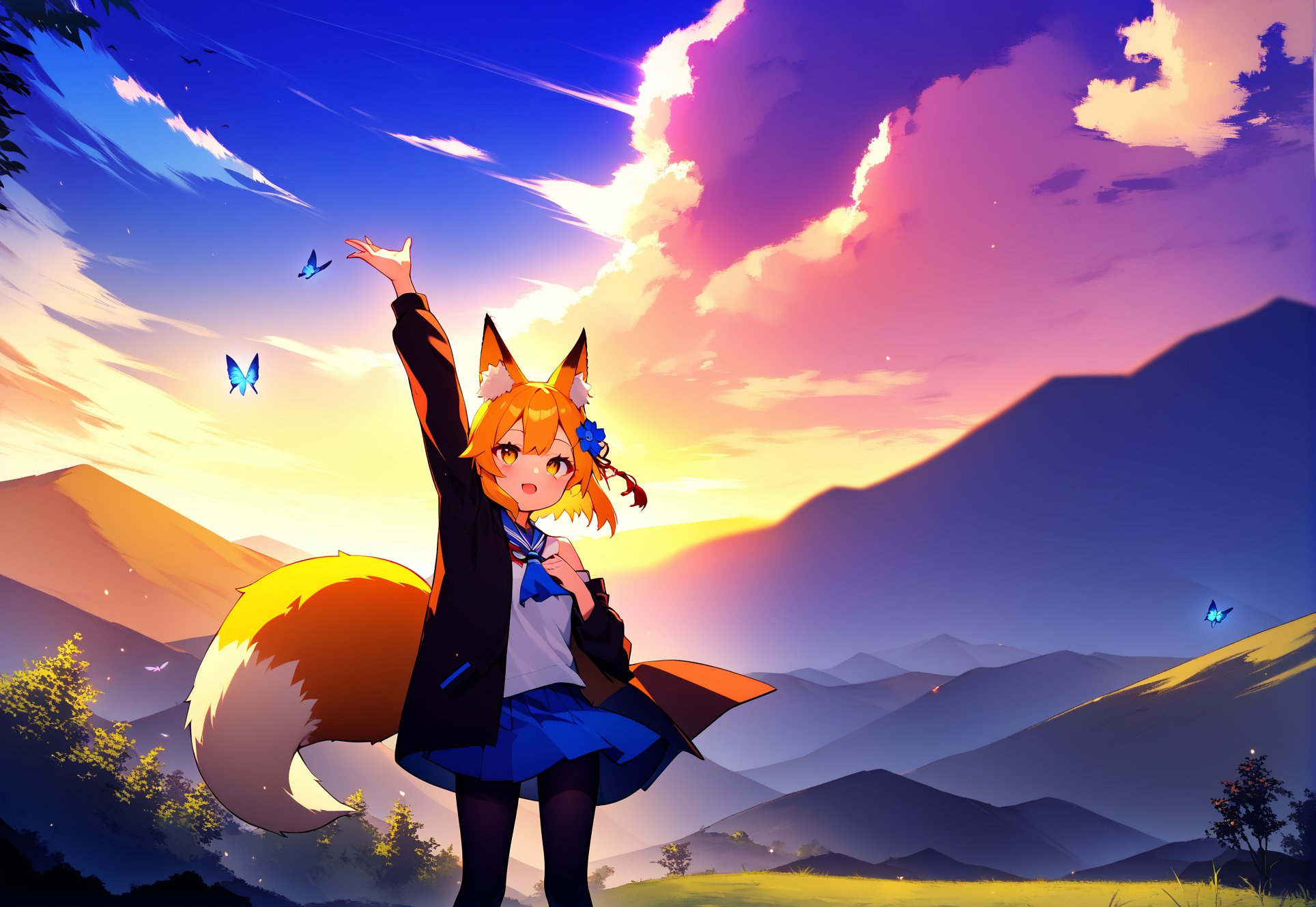 source_anime, score_9, score_8_up, score_7_up, score_6_up,senko \(sewayaki kitsune no senko-san\), a cute girl standing in the middle of green flowering meadow, looking to the sky a stretching hand trying to reach it, she is happy and calm,1girl, animal_ear_fluff, fox girl, fox ears, fox tail, kitsune, eyelashes, blonde hair, short hair, yellow eyes, hair flower barrette, pantyhose, blue short plated skirt, black jacket, white shirt, blue ascot, opened clothes, armpits, off shoulders, standing, hand up, hand on own chest,  looking up,outdoors, scenery, landscape, mountain range, butterflies, sunrise, god rays,hdr, sharp, (background by aigenerated:0.5) <lora:senko_ponyxl_v2:0.65>