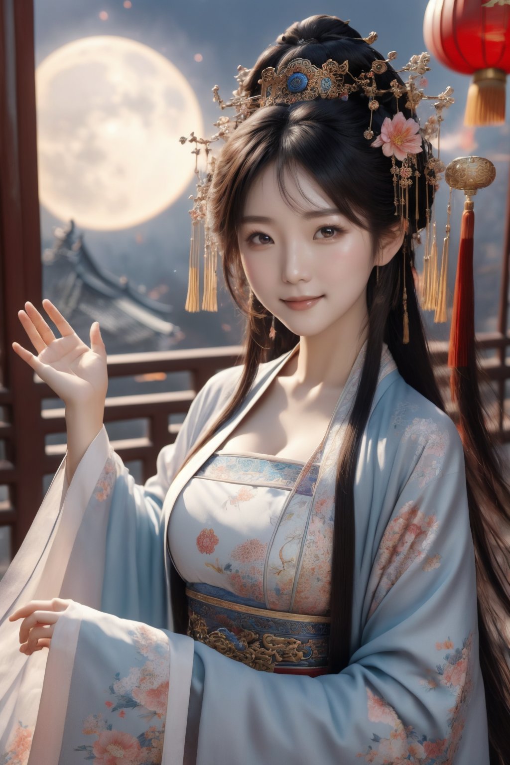 chang,floral print,(cleavage:0.7),long sleeves,fantasy theme,chines style,1girl,masterpiece,best quality,Light master,upper body,flower,hair ornament,looking at viewer,east asian architecture,smile,waving arms,